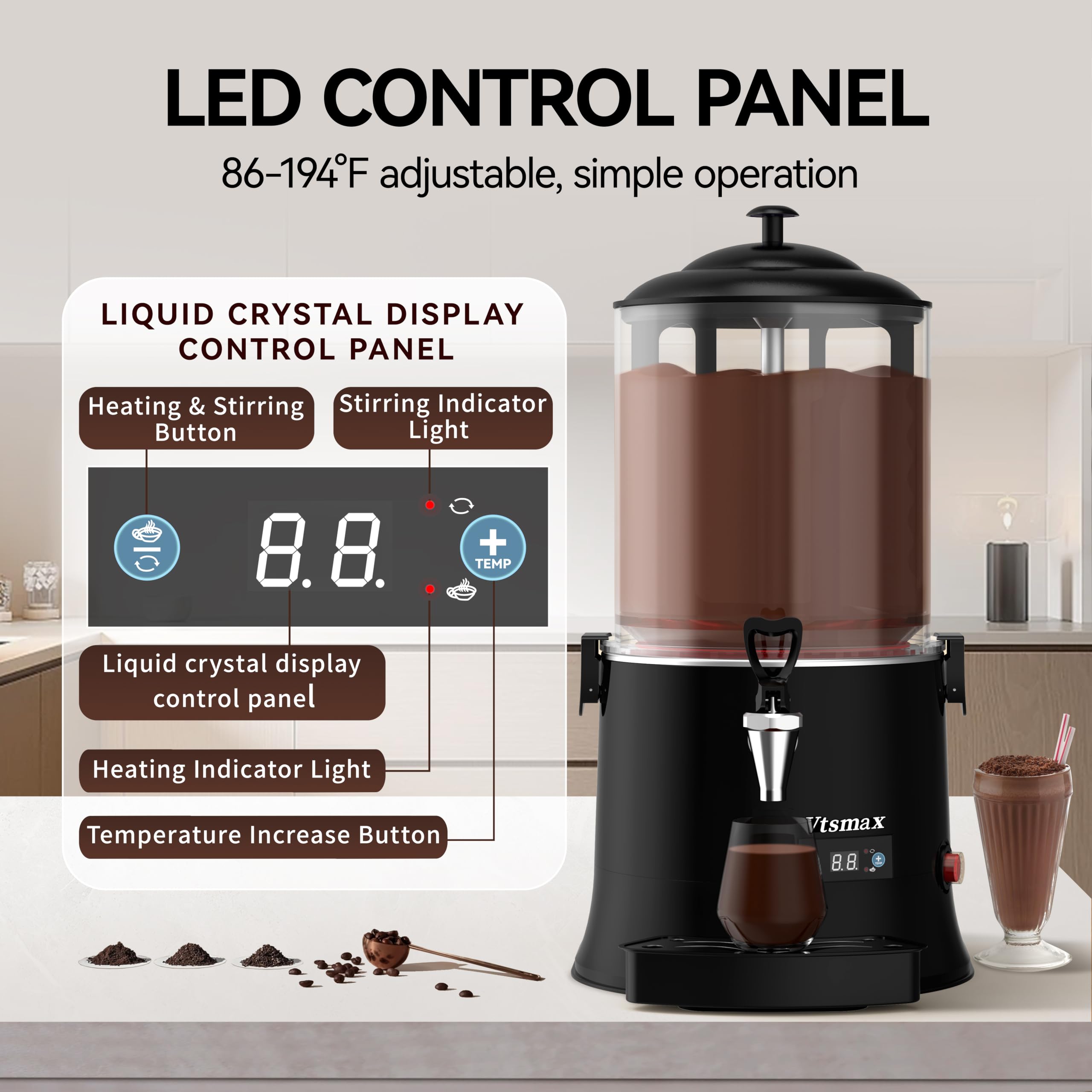 10L/2.6Gal Hot Chocolate Machine, Commercial Hot Drink Dispenser, 86–194°F Temperature Control Beverage Warmer with Stainless Steel Spout, Removable PC Bowl for Cocoa, Milk, Coffee, Red