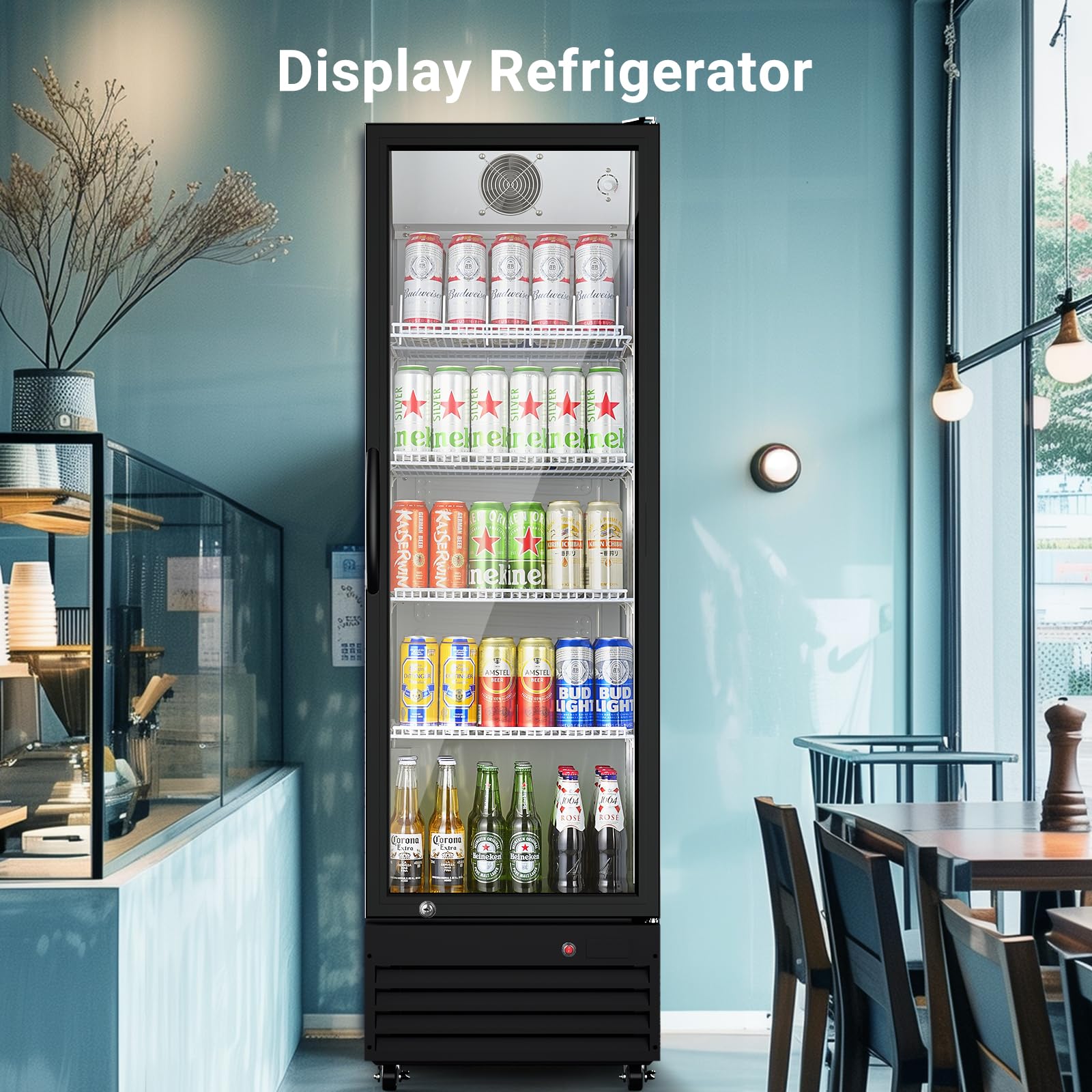 BODEGACOOLER Commercial Beverage Refrigerator with Glass Door,12.5 Cu.Ft Display Merchandiser Drink Refrigerator,Upright Commercial Bar Fridge,Display Drink Cooler,Soft LED Light,Romovable Shelves