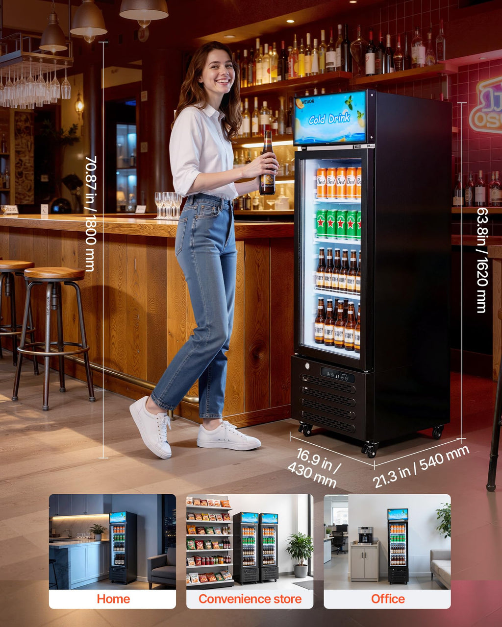 VEVOR Commercial Merchandiser Refrigerator, 6.9 Cu.Ft / 195L Glass Door Display Refrigerator, Upright Beverage Cooler Fridge with 4 Adjustable Shelves, Soft LED Light & Casters for Homes Shops Bars