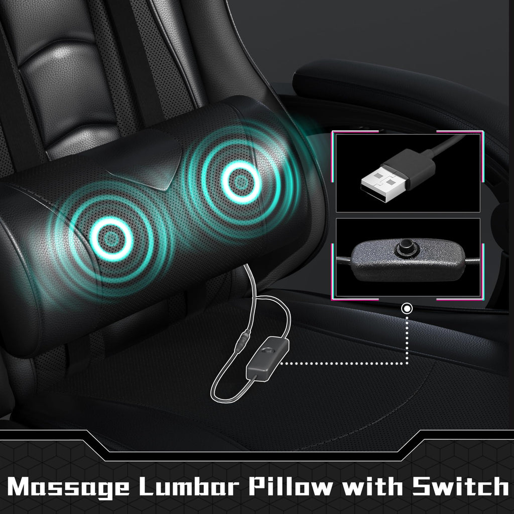 Yaheetech Gaming Chair with Electric Massage Lumbar Support, Footrest & Headrest — Ergonomic High Back Recliner for Home Office, Computer Desk Chair, Height Adjustable, 300 lbs, Black/White
