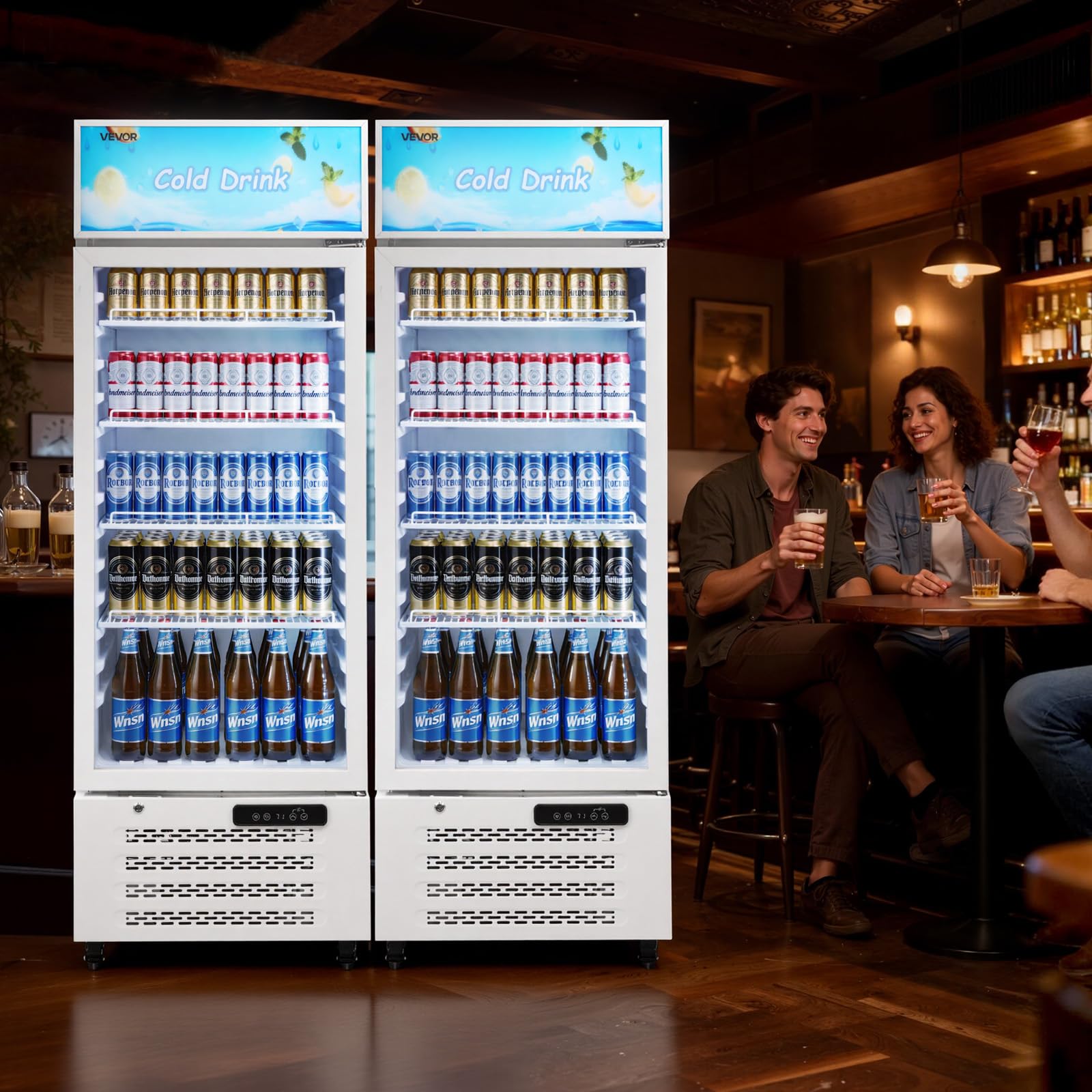 VEVOR Commercial Merchandiser Refrigerator, 6.9 Cu.Ft / 195L Glass Door Display Refrigerator, Upright Beverage Cooler Fridge with 4 Adjustable Shelves, Soft LED Light & Casters for Homes Shops Bars