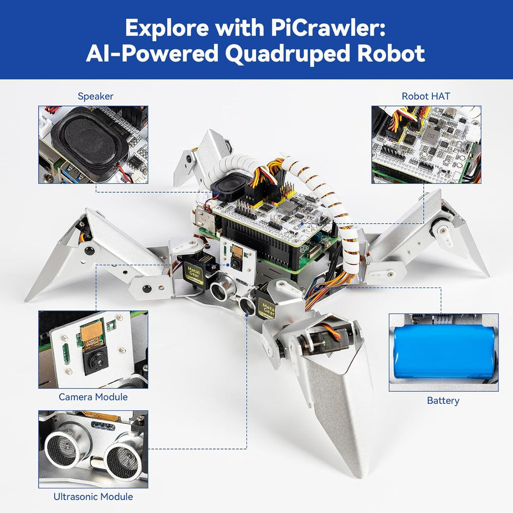 SunFounder PiCrawler AI Robot Kit for Raspberry Pi 5/4/3B+/Zero 2W, Openclaw LLMs ChatGPT/Gemini/Grok, Voice&Video Recognition, Python/Scratch, Mic, Battery, Camera (RPI NOT Included)