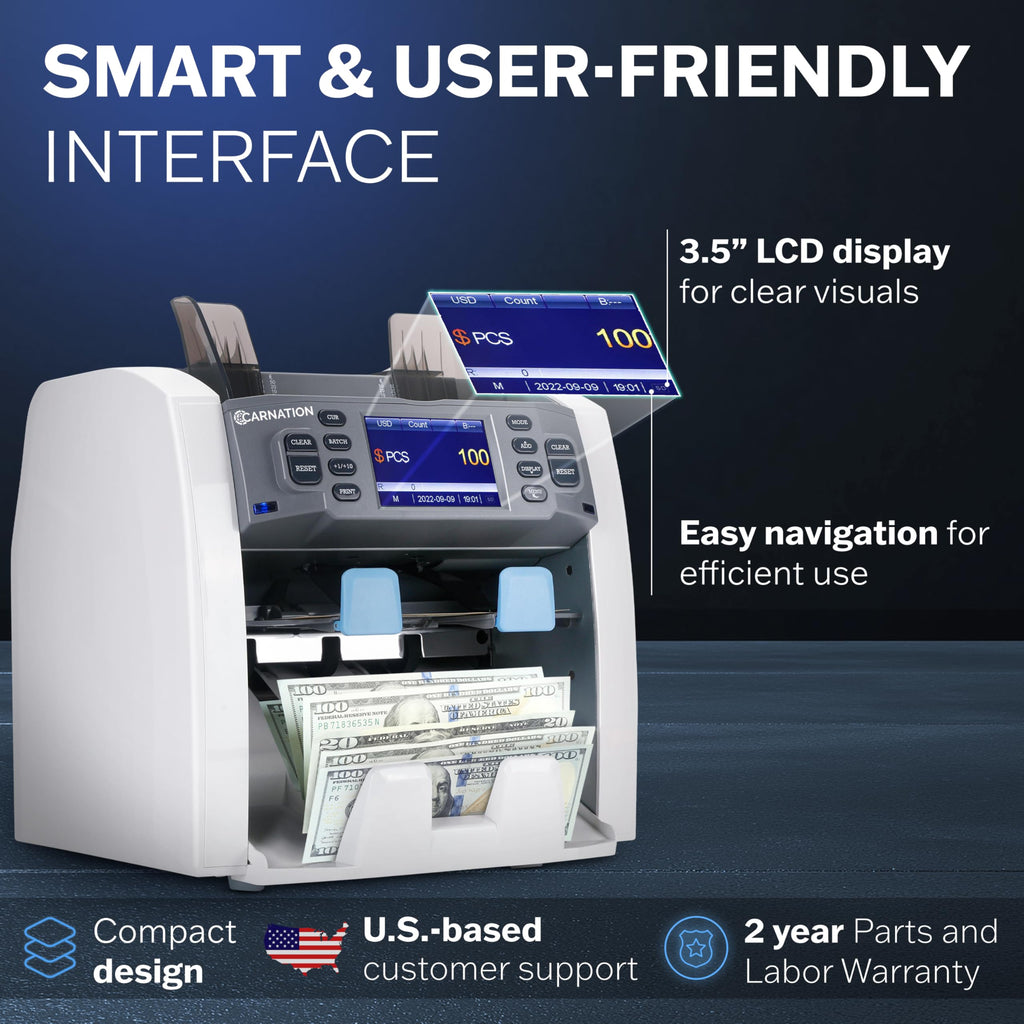 Carnation Money Counter Machine Cash Counting & Mixed Denomination Bill Counter, Portable Currency Detector, Counterfeit Bank Scanner, Dollar Sorter for Commercial, 1100 N/M, UV/MG/MT/IR/2CIS