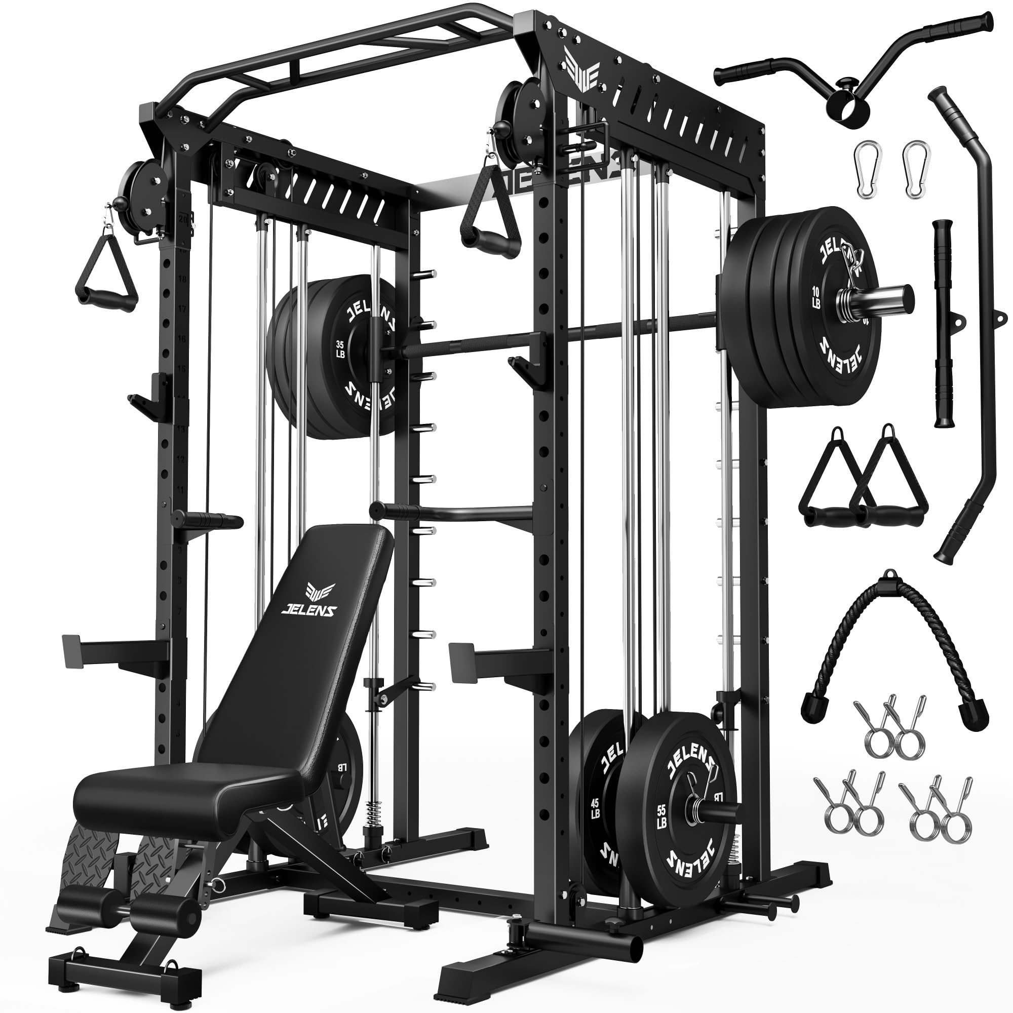 JELENS M21 Smith Machine, Multi-Function Power Cage with Dual Pulley Cable Crossover System, 2000LBS All-in-One Squat Rack with Smith Bar and Attachments for Home Gym
