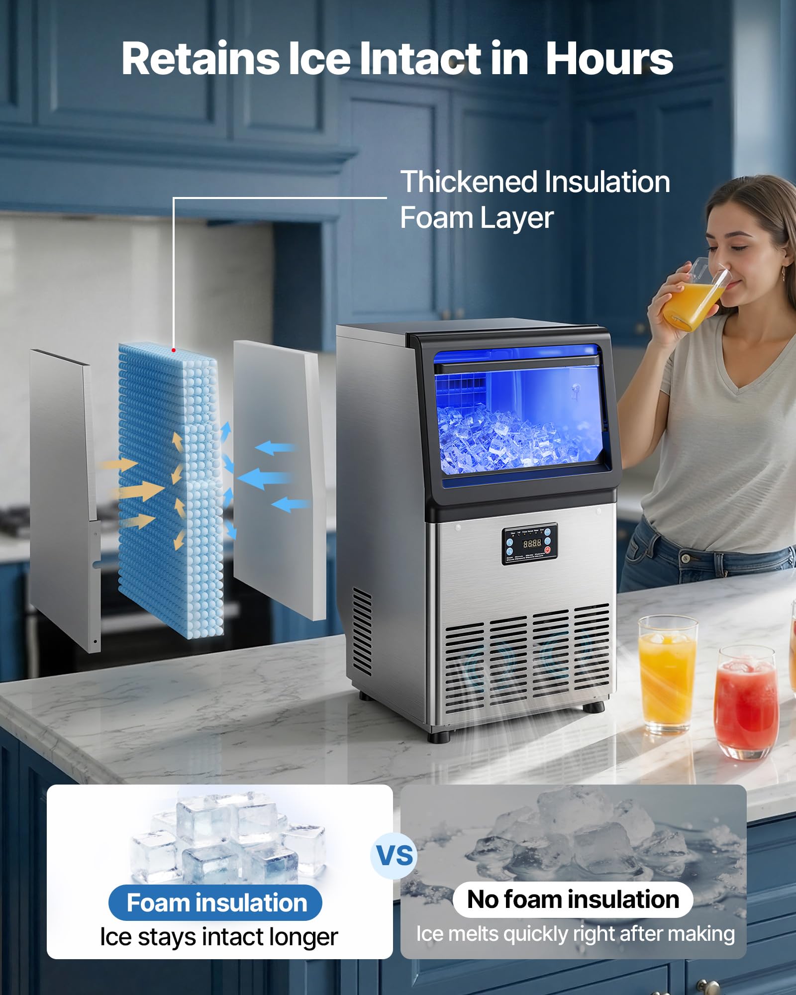 VEVOR Commercial Ice Maker Machine, 100 lbs/24h with 30-35 lbs Storage, Bullet Ice,Built-in/Freestanding/Under Counter, Stainless Steel Ice Maker with LED Display for Home Bar Restaurant
