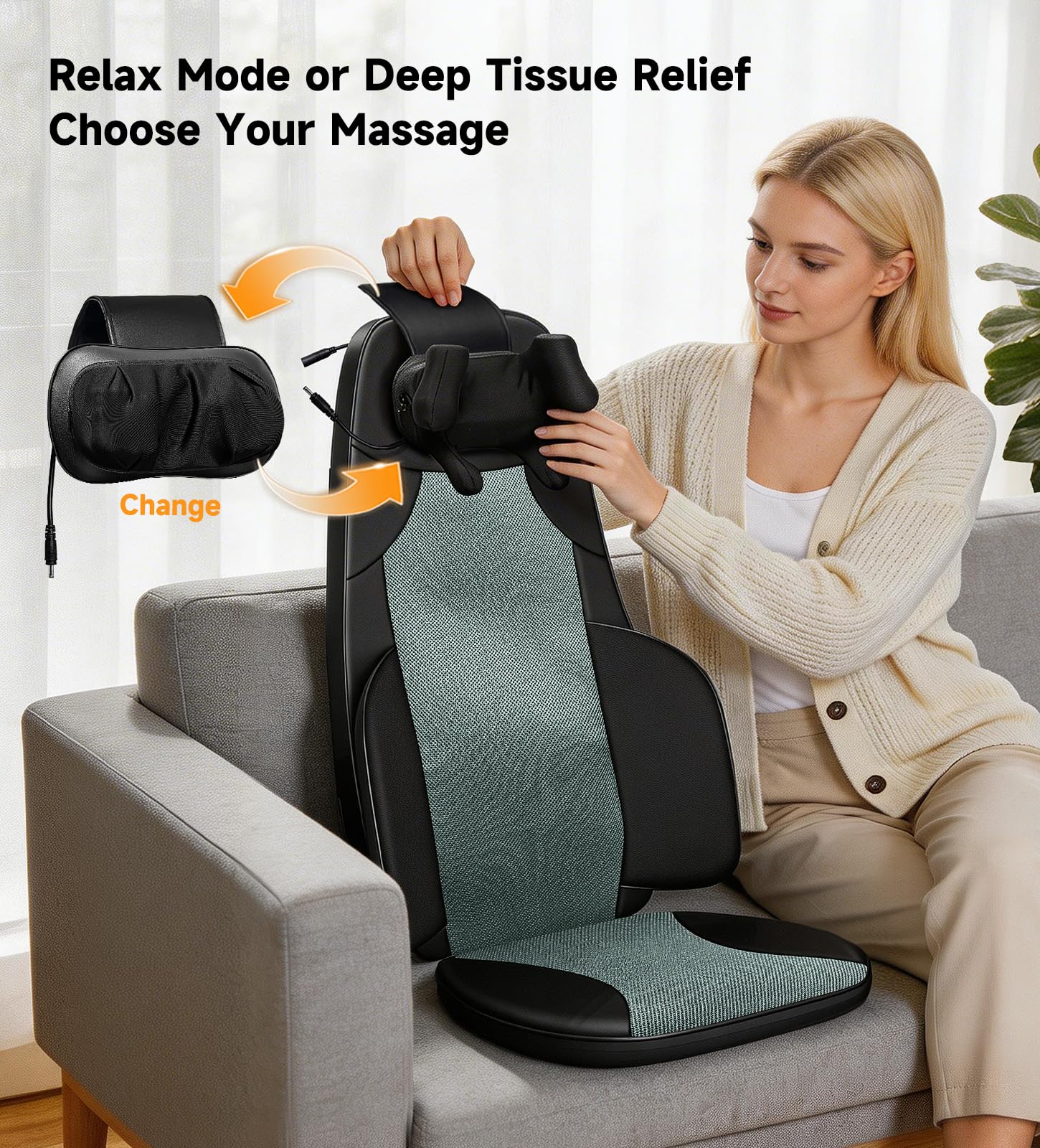 Shiatsu Neck and Back Massager for Chair with Heat, 2 Interchangeable Attachments Full Back Massage Pad Deep Tissue, Adjustable Height 3-Level Intensity for Office Home, Masajeador de Espalda, Khaki