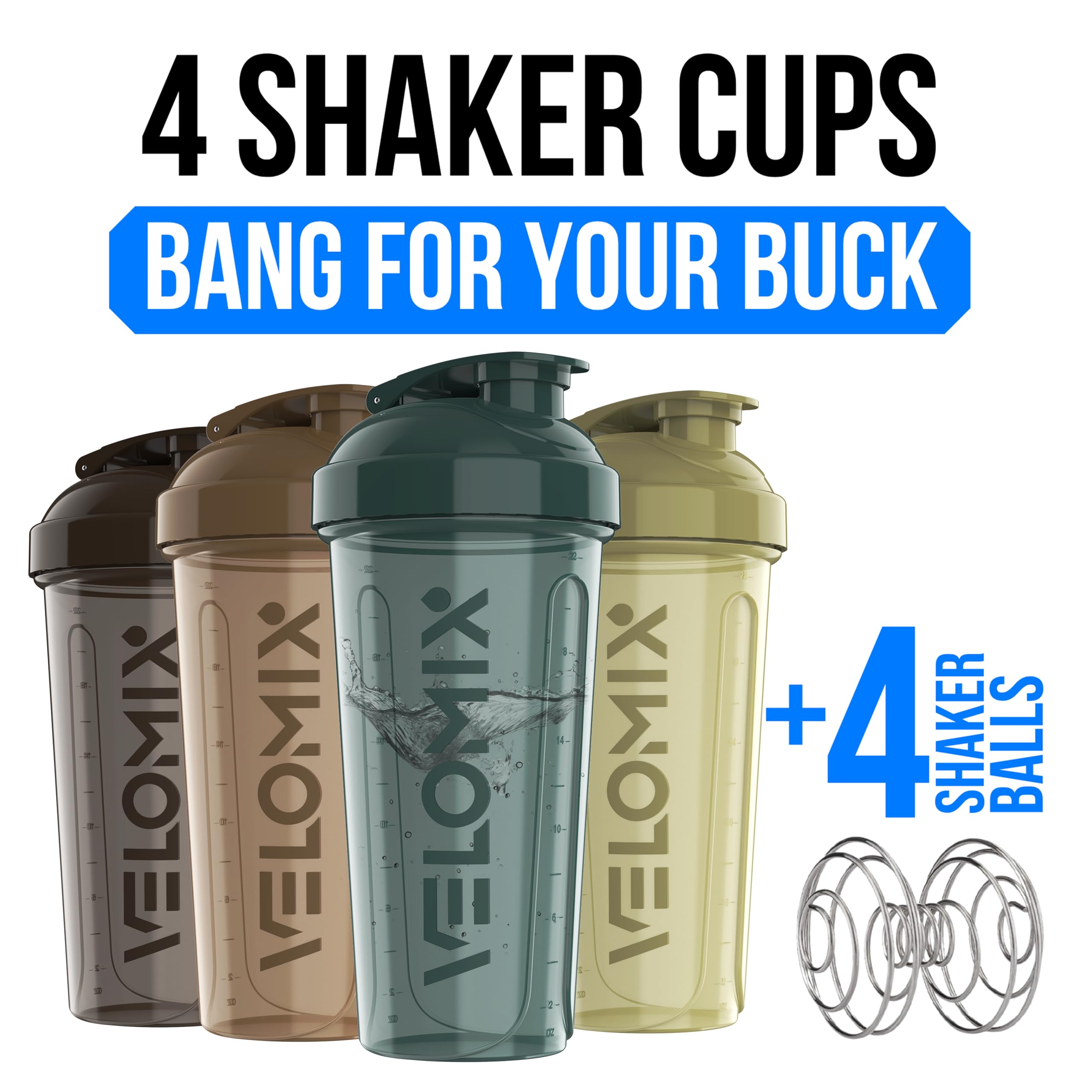 VELOMIX -4 PACK- 28 oz Protein Shaker Bottle for Protein Mixes - 4x Wire Whisk | Leak Proof Shaker Cups for Protein Shakes | Protein Shaker Bottle Pack | Protein Shake Cup (NeoCool Pack)