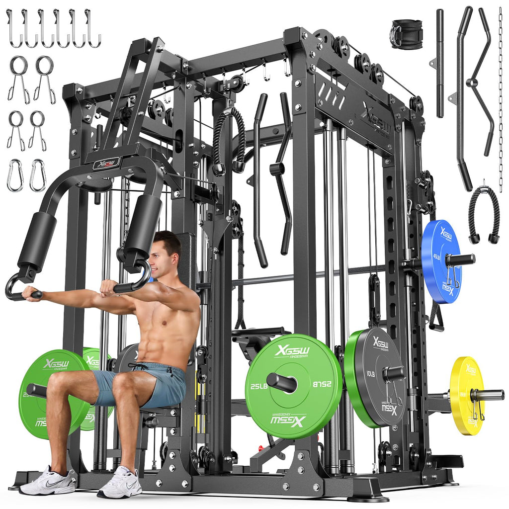 Smith Machine with Cable Crossover System, Multi-Function Power Cage Squat Rack for Home Gym, Power Rack and Packages Weight Sets.