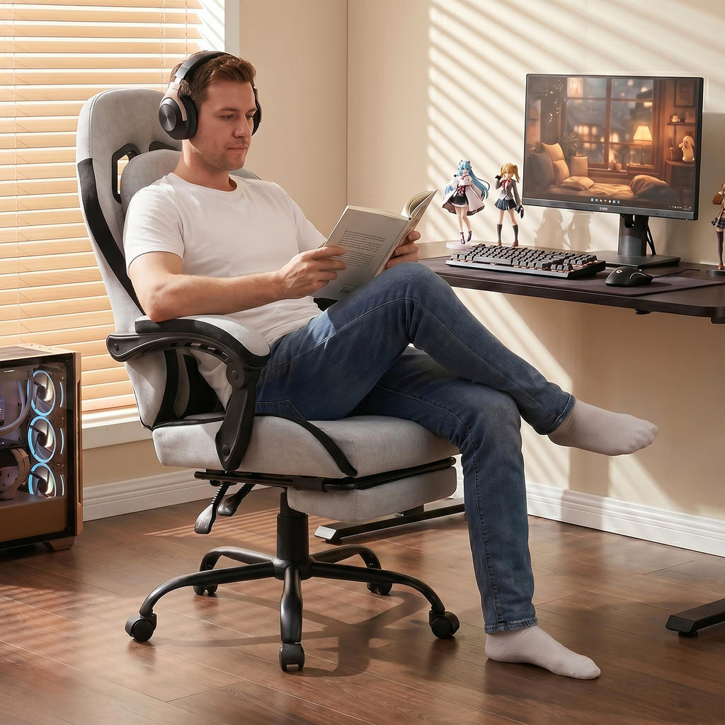 Shintenchi Big and Tall Gaming Chair Fabric Pocket Spring Cushion,High Back Recliner with Footrest and Headrest for Adults, Massage Lumbar Support for Home Office, Ergonomic Computer Desk Chair, Blue