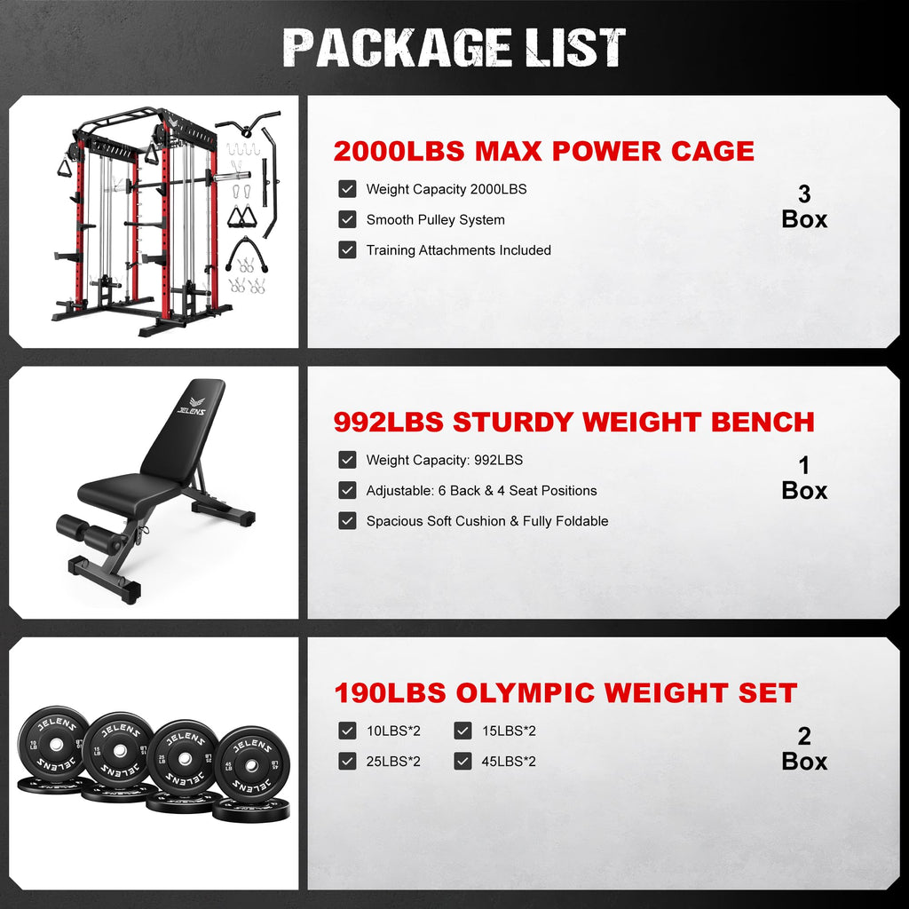 JELENS M21 Smith Machine, Multi-Function Power Cage with Dual Pulley Cable Crossover System, 2000LBS All-in-One Squat Rack with Smith Bar and Attachments for Home Gym