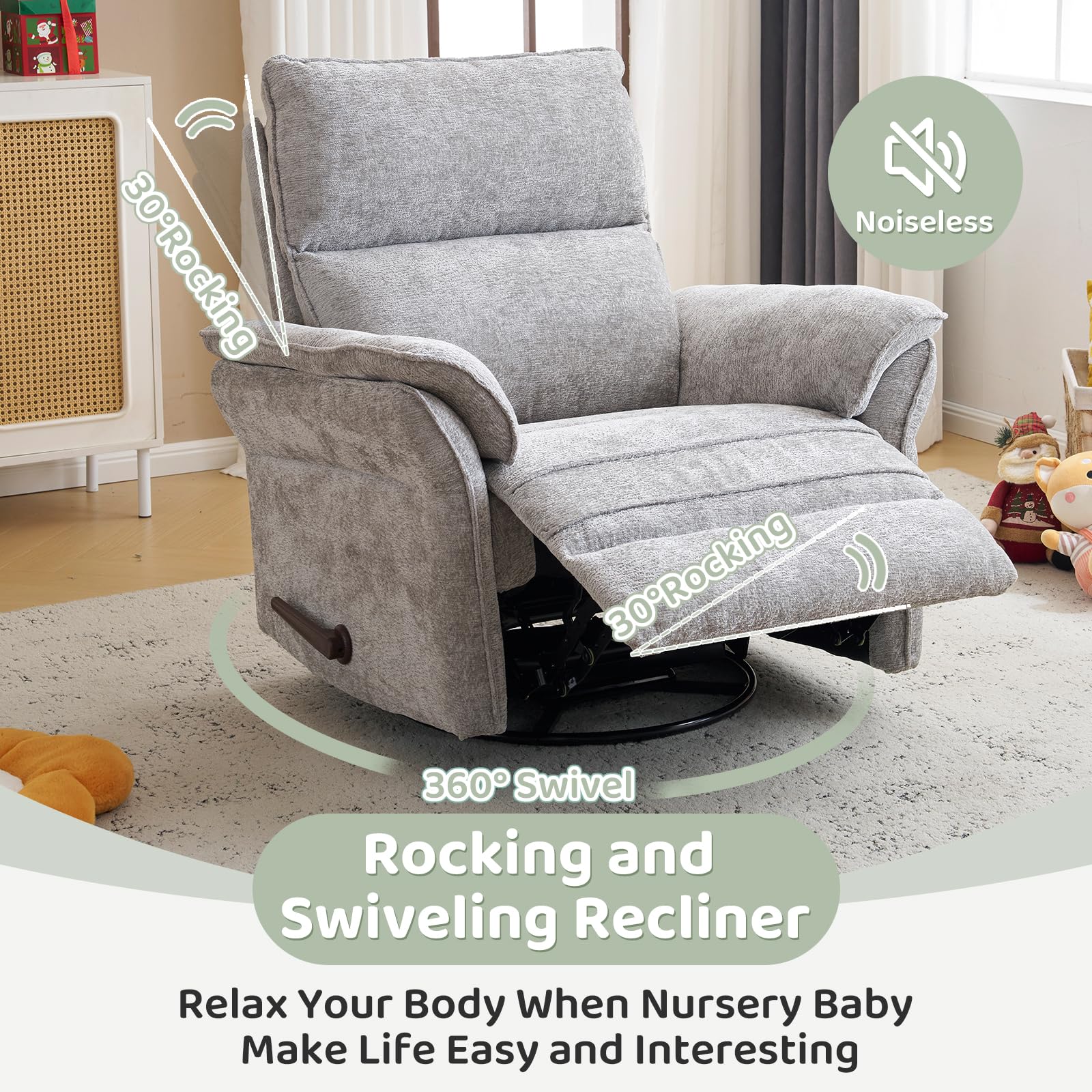 Oversized Rocking Chair Nursery with Massage and Heat, Glider Recliner Nursery Chair with Adjustable Headrest, Power Swivel Rocker Recliner Chair with USB Port, Dark Grey