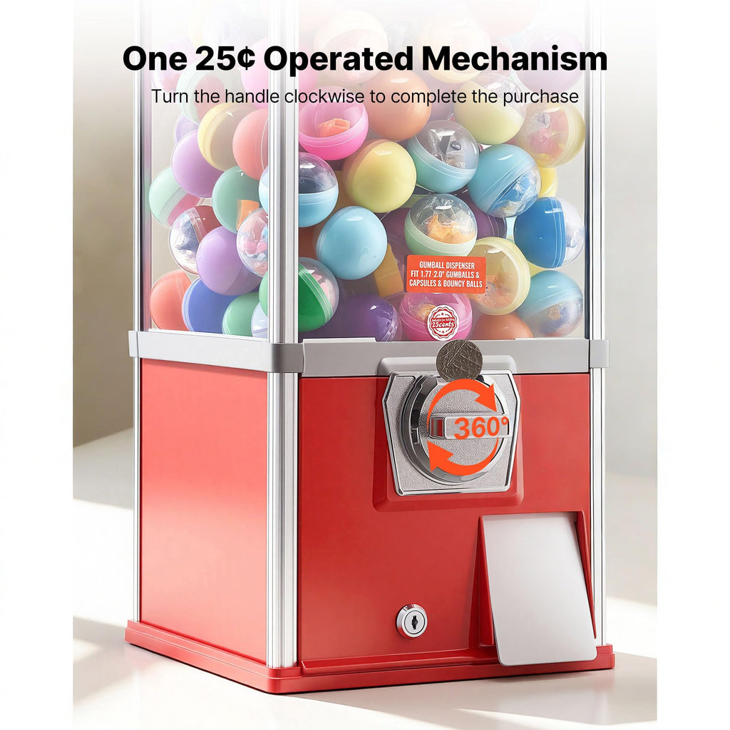 VEVOR Gumball Machine, 21" Height Home Vending Machine, PS Bouncy Balls Dispenser, Hold 180 Capsule Toys, Rectangle Bubble Gum Machine for Game Stores, Coin Operated Gumball Bank, Red