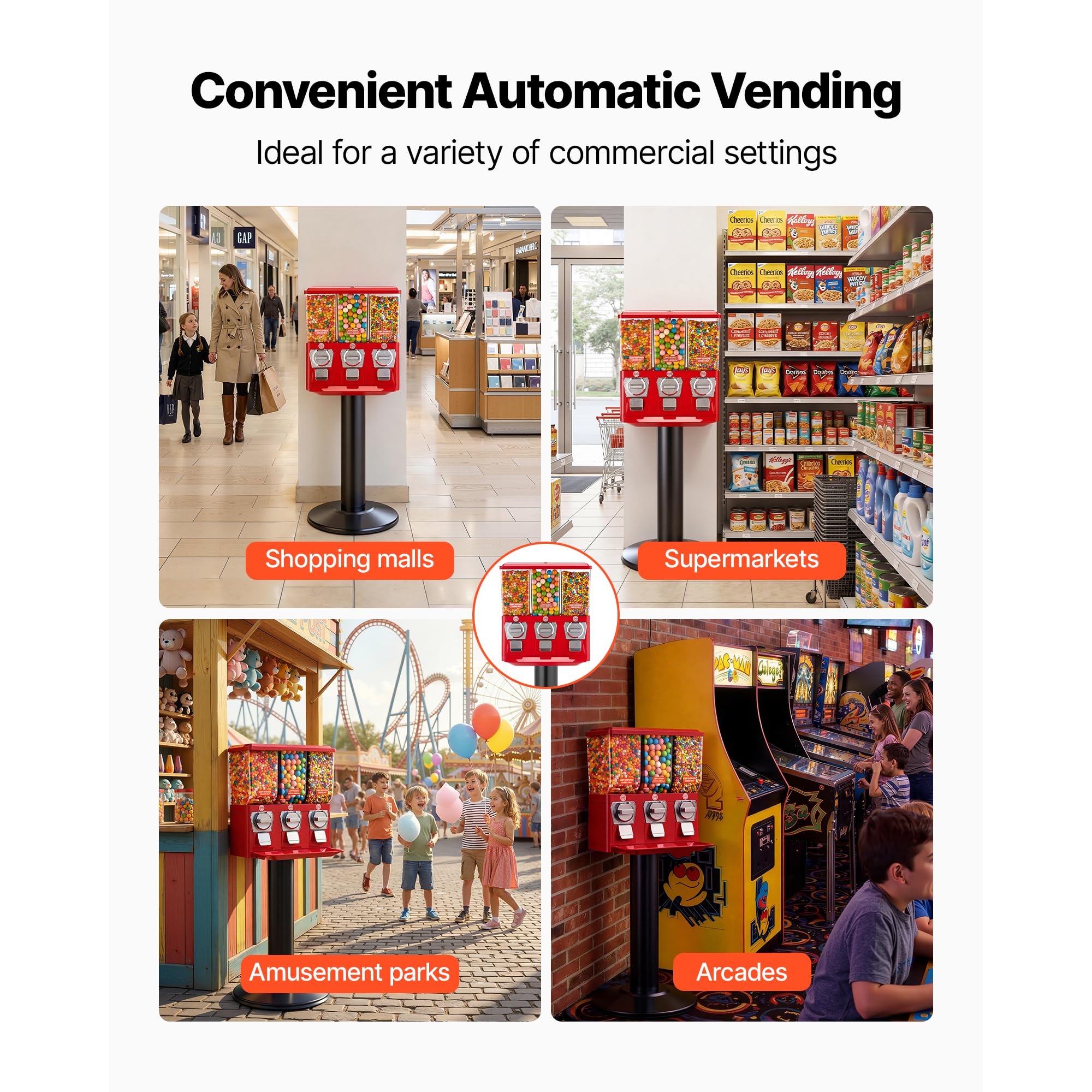 VEVOR Commercial Vending Machine, Four Compartment Rotatable Gumball and Candy Dispenser, Adjustable Height Coin Operated Candy Bank with Iron Stand, for Business Toy Capsules Bouncy Balls Nut, Blue