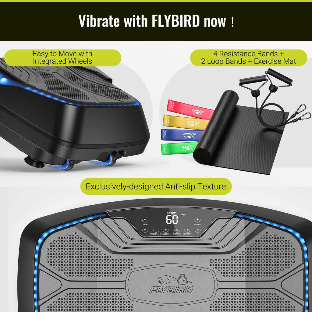FLYBIRD Vibration Plate Exercise Machine for Lymphatic Drainage, Adjustable Levels Full Body Workout, Curved Vibration Plate with Powerful Motor for Weight Loss Fat Burner, Home Fitness Equipment
