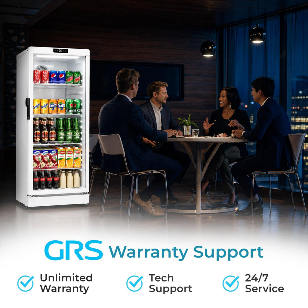 GRS Commercial Display Refrigerator with Glass Door Lock | Cool Air Flow & Temperature | Beverage fridge, Drink and Wine Cooler with Adjustable Display Shelf for Stores and Bars | Black, 7.1 Cu. Ft