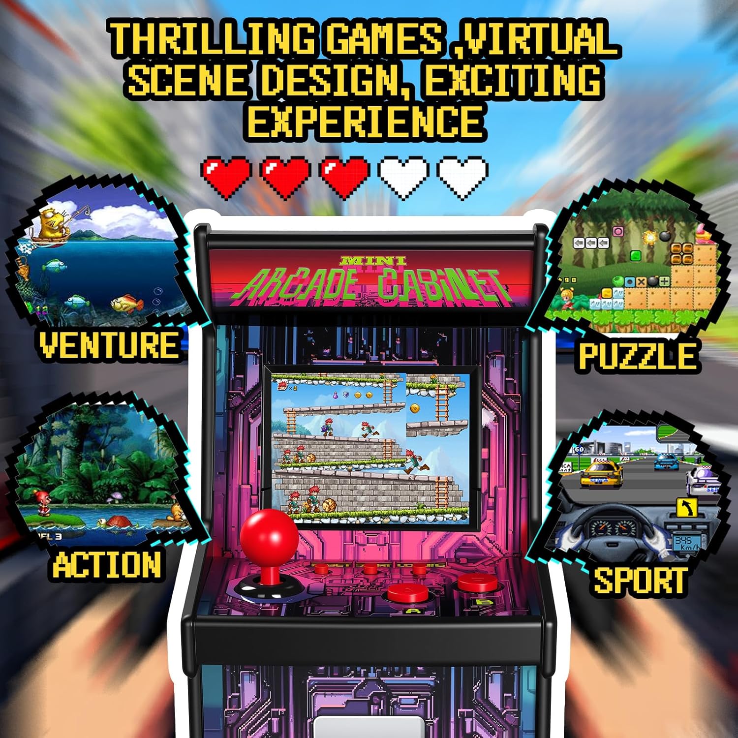 16 Bit Mini Arcade Machine Handheld Games Console for Kids Adults, 8-Way Joystick, 2.5'' Large Screen, 220 Built-in Classic Video Games, Gift for Kids