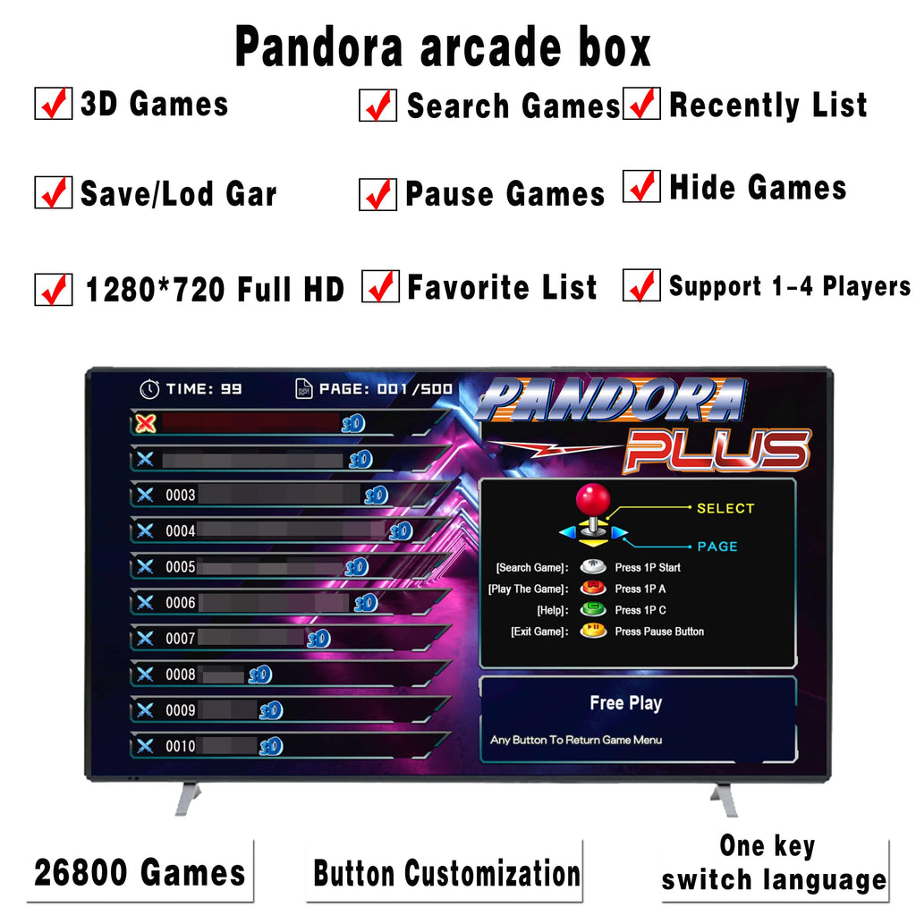 29800 in 1 Pandora's Box Retro Arcade Game Console, 4 Player 3D Magic Modding Game, Search Save Delete Cheats, Favorites List, 128G TF