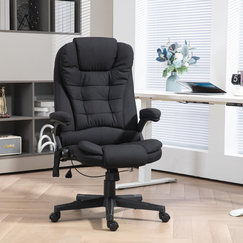 Vinsetto 6 Point Vibrating Massage Office Chair with Heat, Linen High Back Executive Office Chair with Reclining Backrest, Padded Armrests and Remote, Black