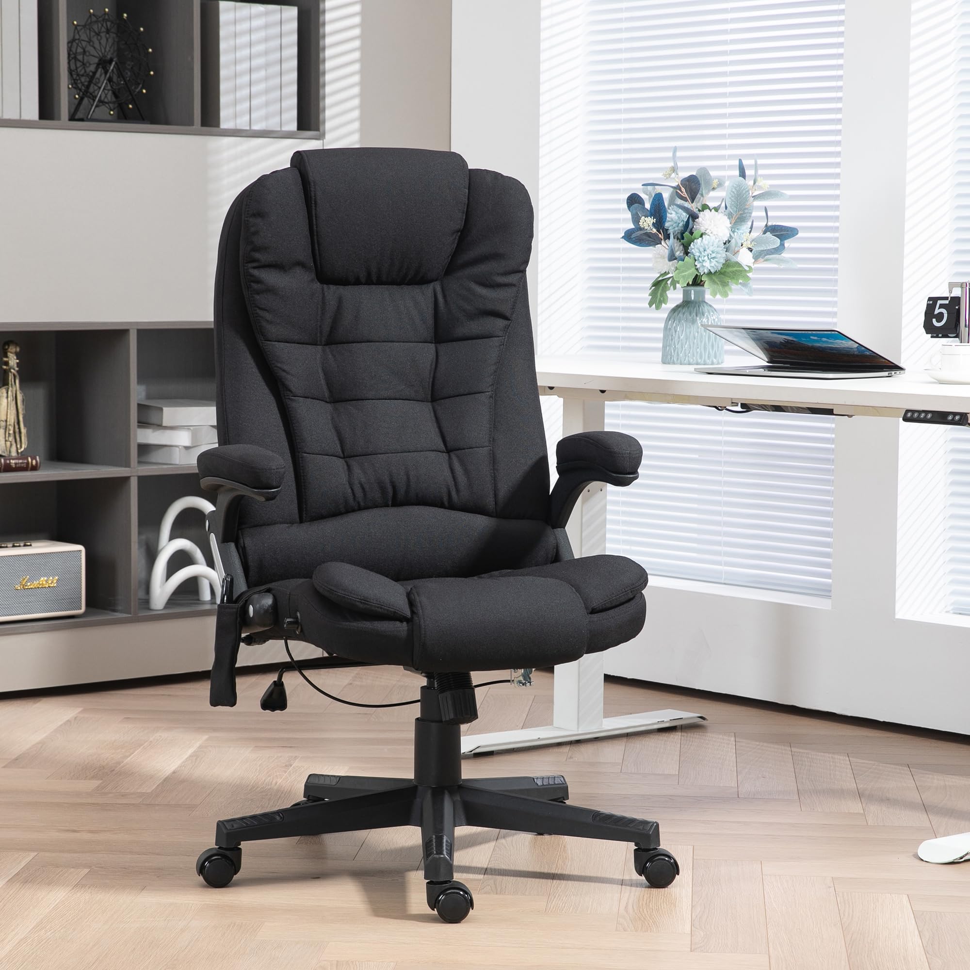 Vinsetto 6 Point Vibrating Massage Office Chair with Heat, Linen High Back Executive Office Chair with Reclining Backrest, Padded Armrests and Remote, Black