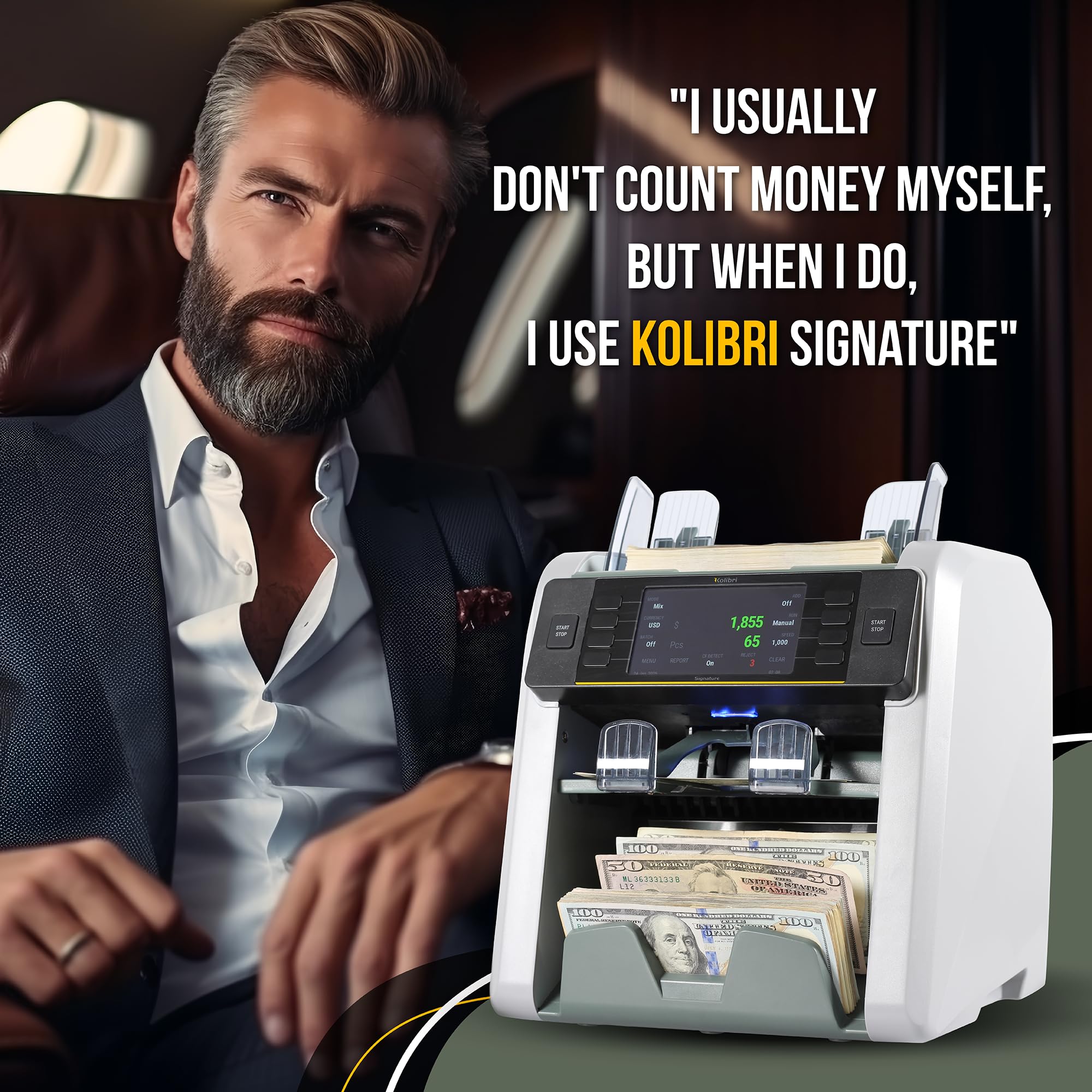 KOLIBRI Money Counter Machine I LCD Display I Business Grade I Dollar, Euro I Advanced UV/MG/IR/DD/HLF Detection I Single Denomination Value Count I 1,500 Notes/Min I 1-Year Warranty I KOLIBRI UV/MG