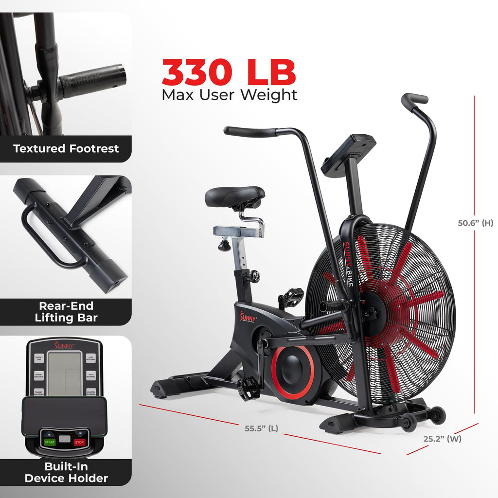 Sunny Health & Fitness Smart Fan Bike for Home Gym, Full Body HIIT & Interval Cardio Training with Air Resistance, Customizable Performance Monitor & Free SunnyFit App Connectivity – SF-B223018
