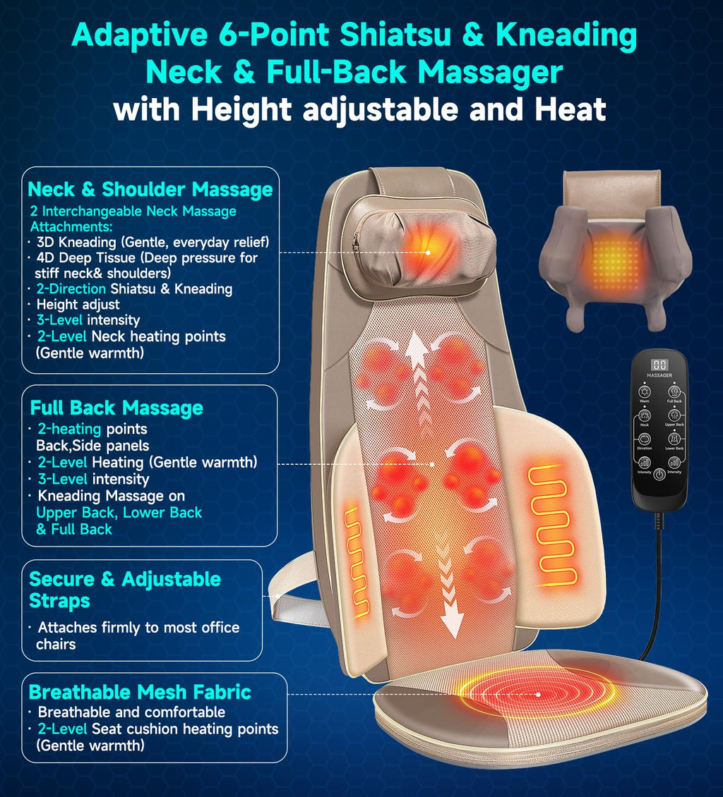 Shiatsu Neck and Back Massager for Chair with Heat, 2 Interchangeable Attachments Full Back Massage Pad Deep Tissue, Adjustable Height 3-Level Intensity for Office Home, Masajeador de Espalda, Khaki