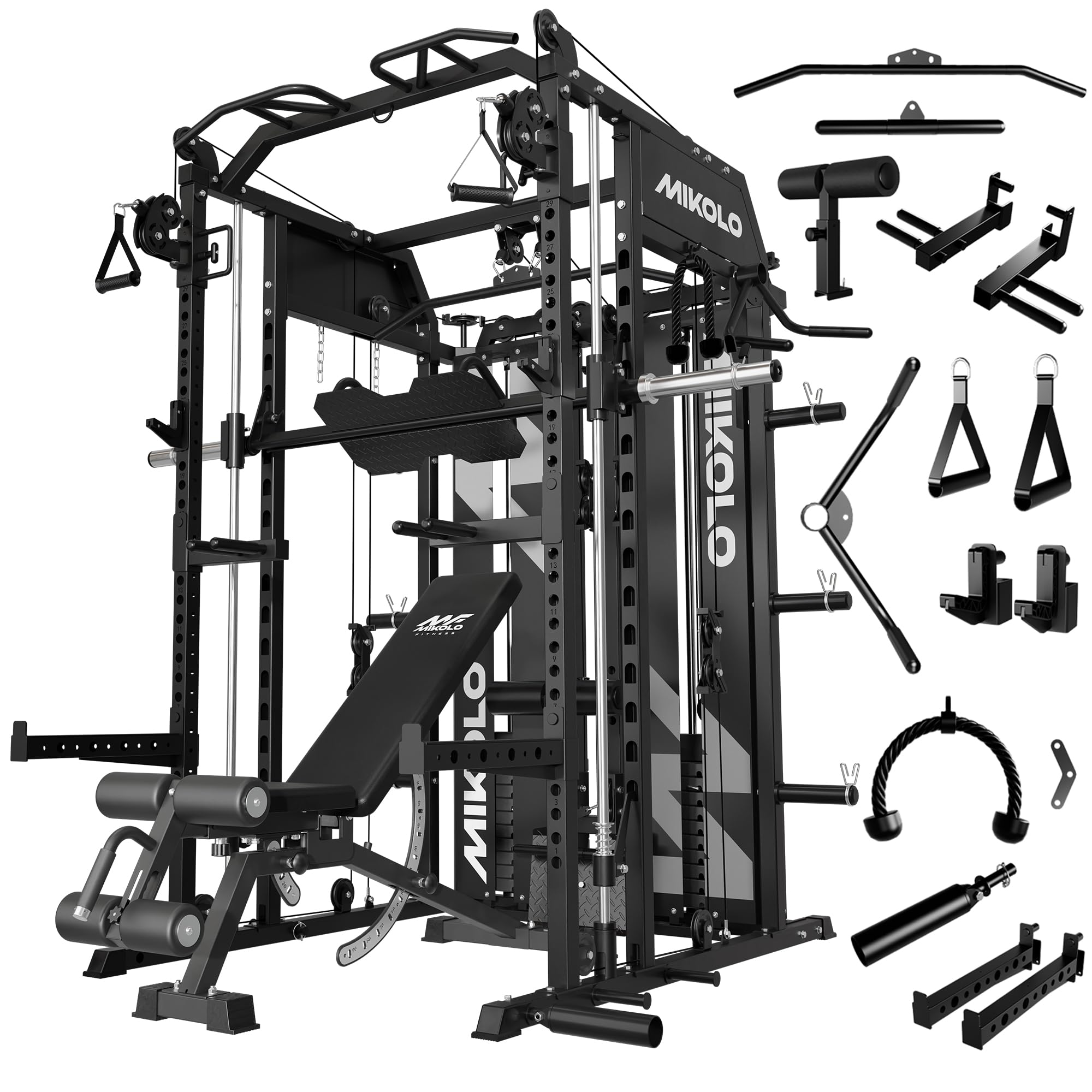 Mikolo Smith Machine with Weight Stack, Power Cage Home Gym System with LAT Pulldown & Cable Crossover, Multi-Functional Trainer with Dual Pulley System, Includes 10+ Free Attachments