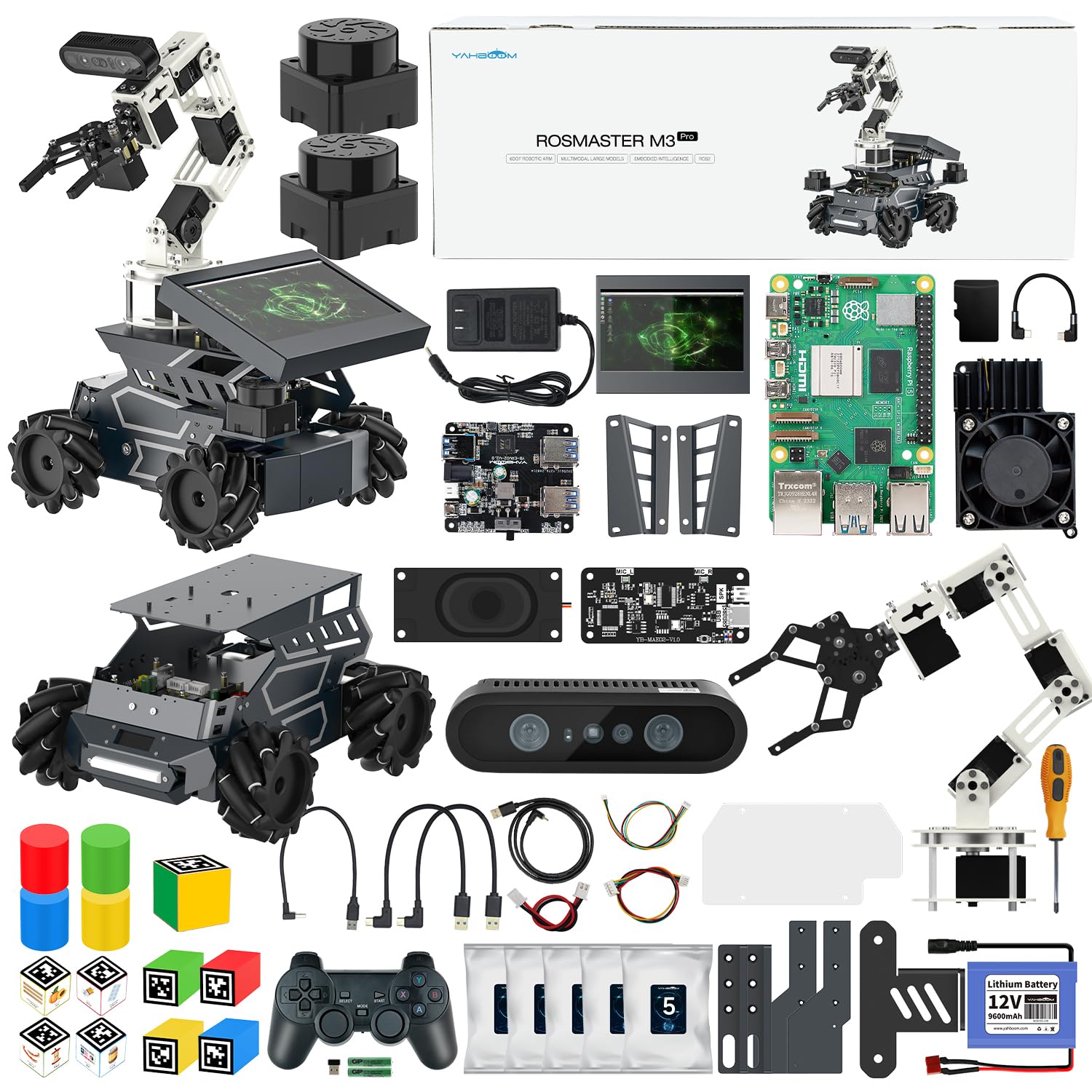 Yahboom ROS2 Robot Kit with Jetson Orin Nano 8GB Super Large AI Model with 6DOF Robotic Arm, 7-inch HD Display,AI Voice Interaction Module Provides AI Vision App Control