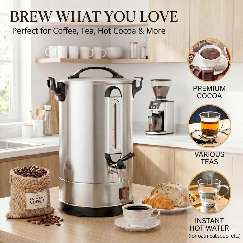 Fattong's Lab Commercial Coffee Urn, 120 Cup/20L Large Coffee Maker for Catering & Events, Stainless Steel Percolator, 1300W Quick Brew Hot Water Dispenser with Double Wall Insulation, Silver
