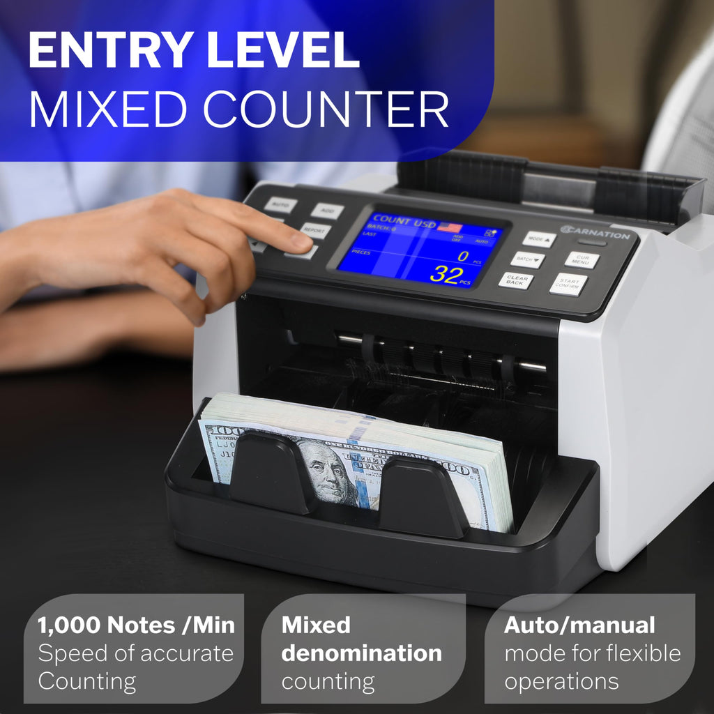 Carnation Money Counter Machine Cash Counting & Mixed Denomination Bill Counter, Portable Currency Detector, Counterfeit Bank Scanner, Dollar Sorter for Commercial, 1100 N/M, UV/MG/MT/IR/2CIS
