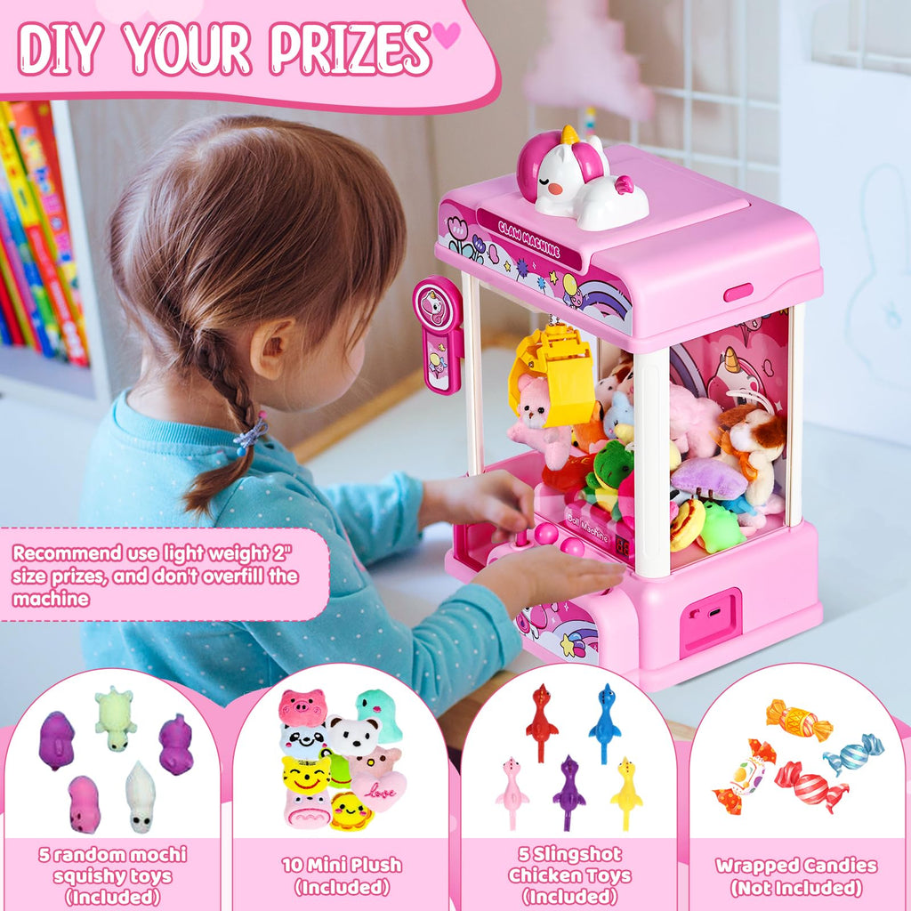 CWLAKON Claw Machine for Kids, Mini Vending Machine Unicorns Toys with Sound for Girls Age 3+, Candy Grabber Prize Dispenser Machine Arcade Games with Mini Plush Toys, Christmas Birthday Gifts