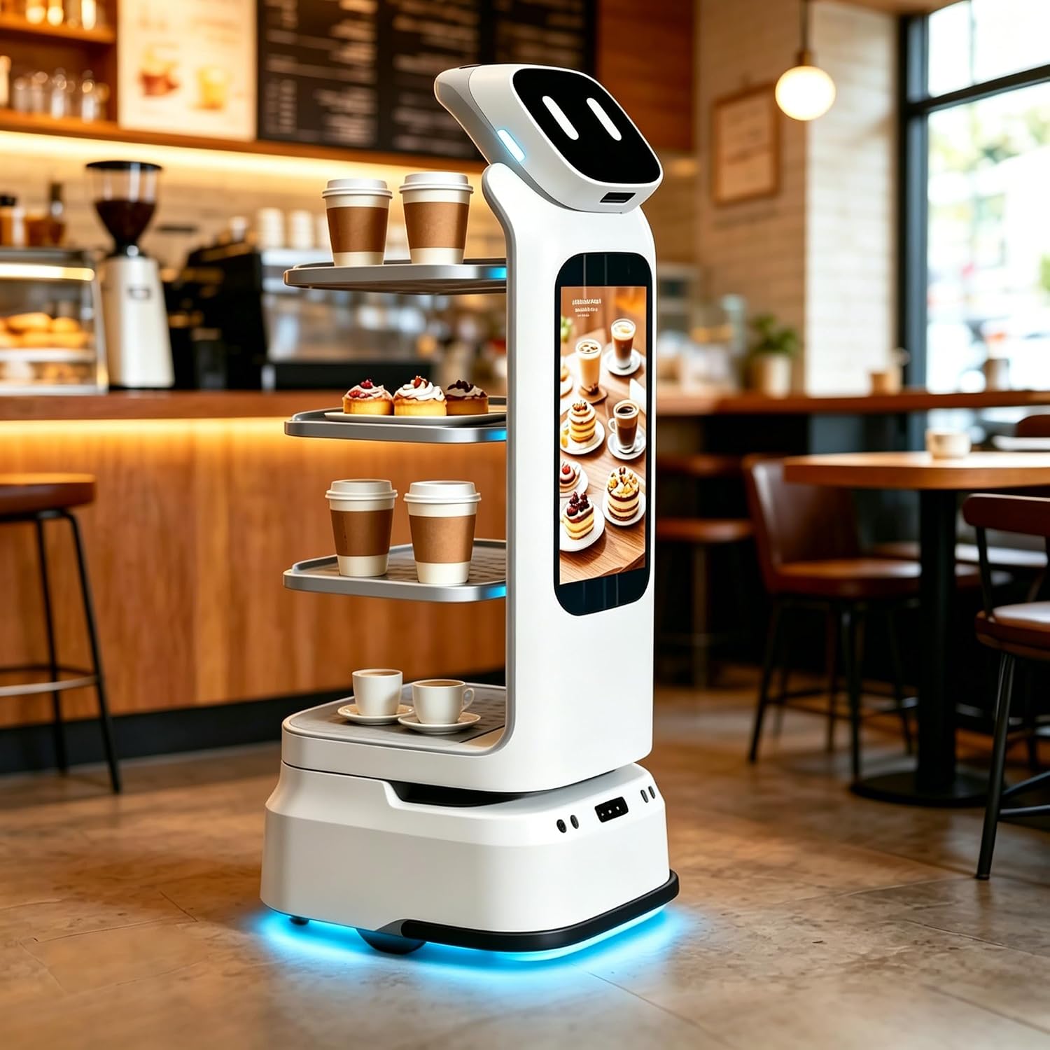 Smart Food Delivery Robot for Restaurant Hospitality Operations, Autonomous Restaurant Serving Robot with Touch Screen Navigation and Multi Layer Tray Design, Commercial Robotic Waiter for Hotel Cafe