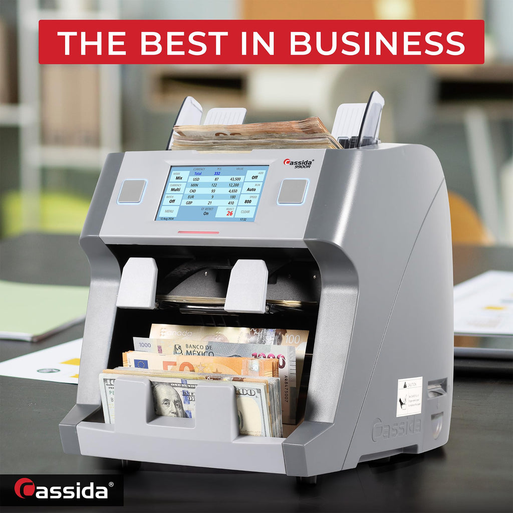 Cassida 9900R V2 2-Pocket Premium Bank Grade Money Counter Machine Mixed Denomination, Bill Sorter, Value Counting, Printer Enabled, 2 CIS, UV/MG, IR/IT Counterfeit Detection with Built-in Printer