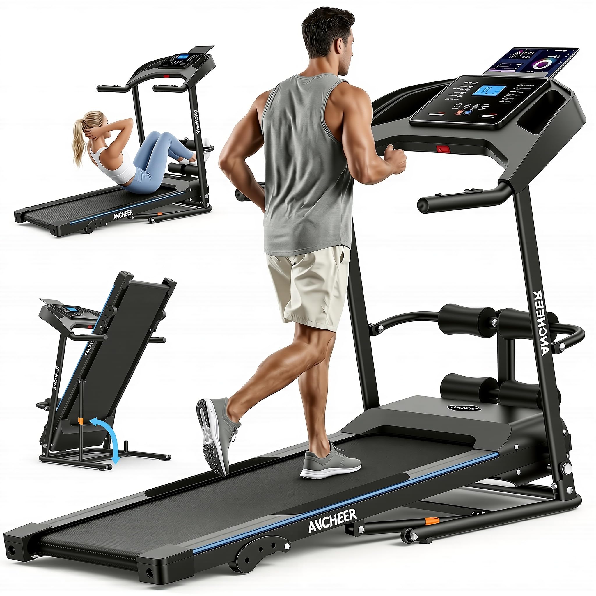 Multifunctional Folding Treadmill with Sit-Up & Incline, 3.5 HP Portable Running Treadmills for Home, 350 LBS Weight Capacity, Smart LCD Display with Heart Rate Monitor & Body Fat Measurement
