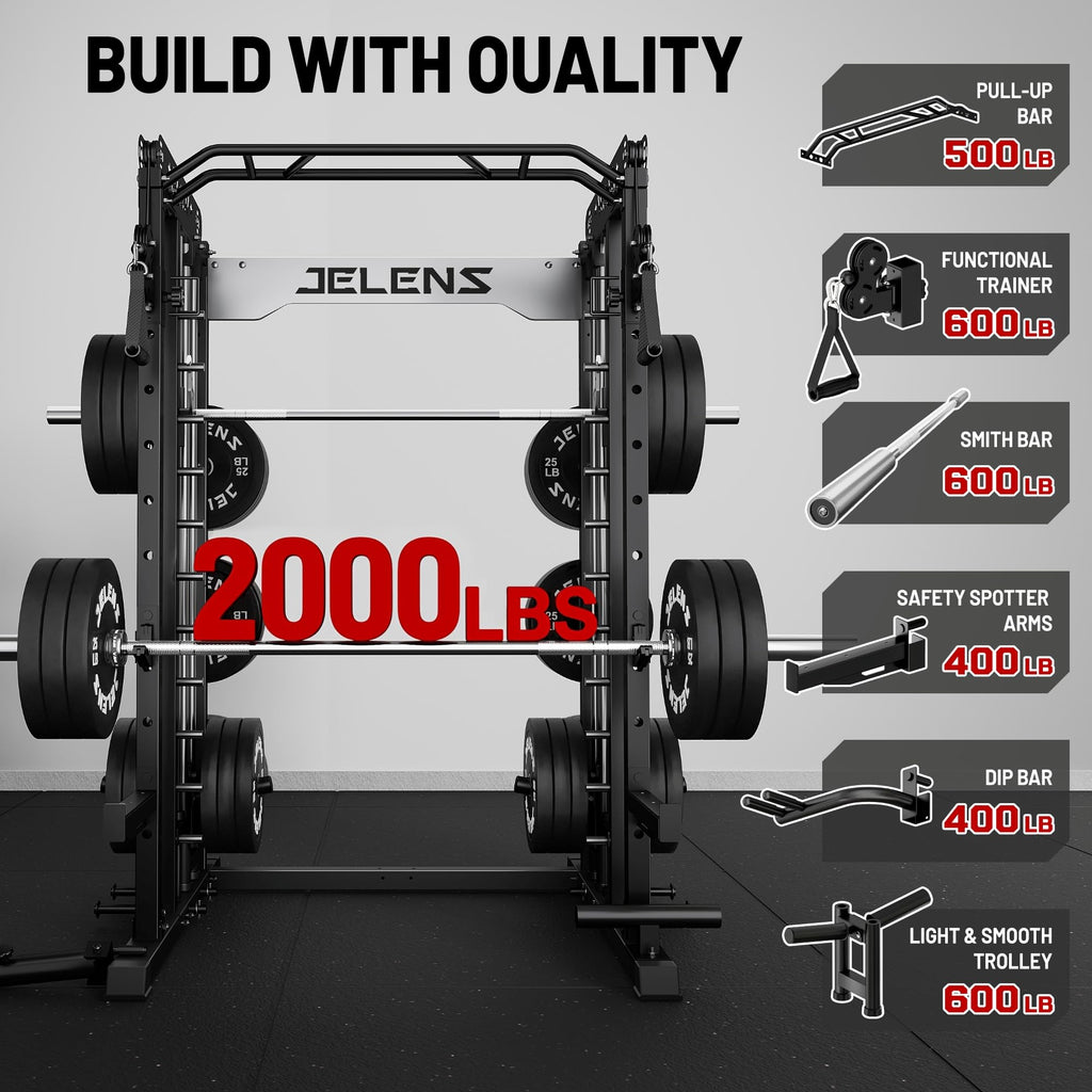 JELENS Smith Machine for Home Gym, Multi-Function M12 Power Cage with Cable Crossover System, Squat Rack with Smith Bar and More Attachment