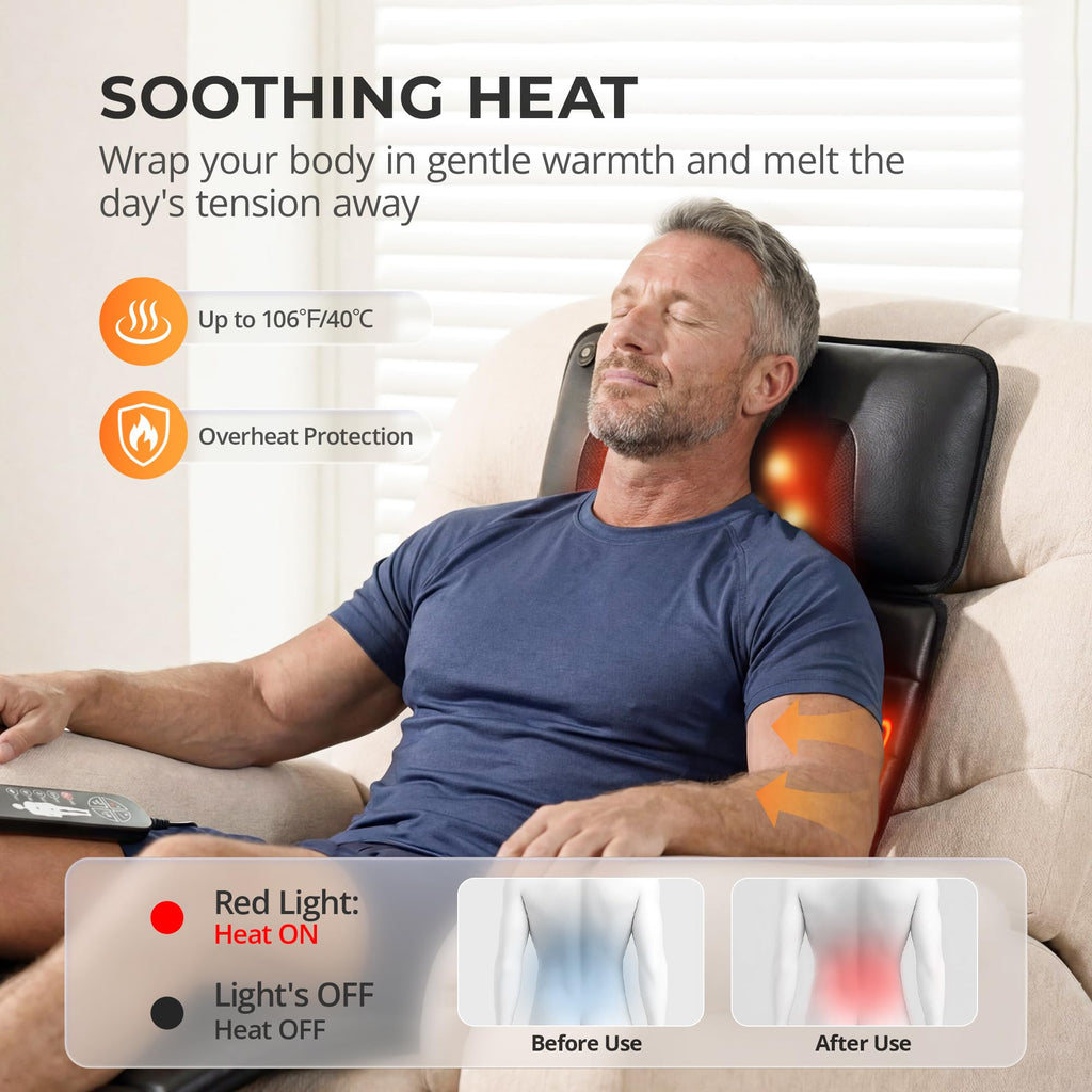 Shiatsu Full Body Massage Mat with Heat, Detachable Massager Pad, 10 Vibrating Motors, Deep Tissue Pain Relief for Back, Neck & Legs - Relaxation at Home or Office, Fathers Day Dad Gifts