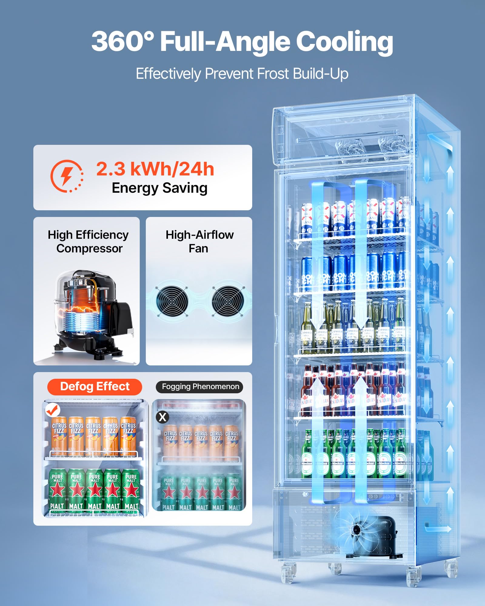 VEVOR Commercial Merchandiser Refrigerator, 6.9 Cu.Ft / 195L Glass Door Display Refrigerator, Upright Beverage Cooler Fridge with 4 Adjustable Shelves, Soft LED Light & Casters for Homes Shops Bars
