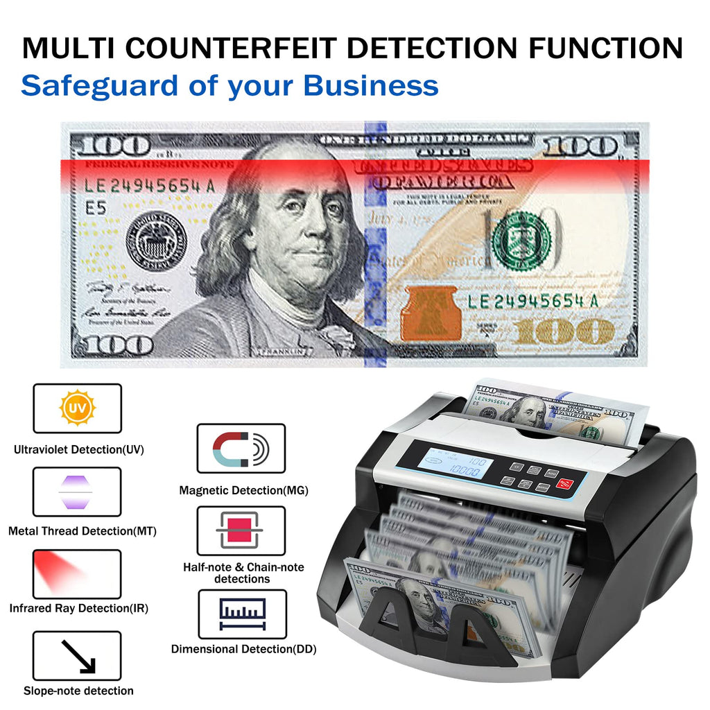 Money Counter Machine Count Value,UV/MG/MT/IR Counterfeit Detection Bill Counter,US Dollar only Cash Counter, Add+Value/Batch+Value Modes,Money Counting Machine with LCD Display (Black+Grey)