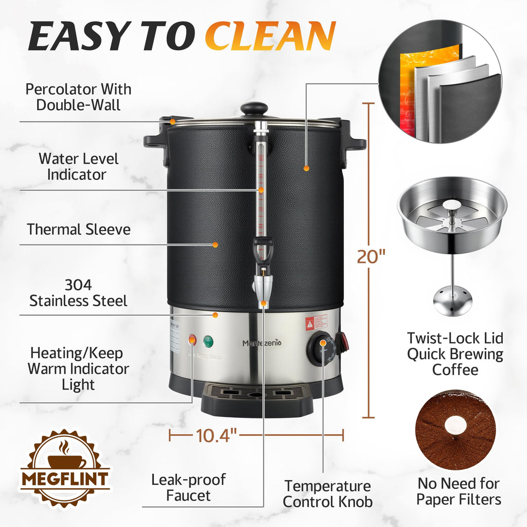 50-Cup Commercial Coffee Urn Stainless Steel Double Insulated Coffee Maker with Percolator System & Temp Control Function - Ideal for Events, Offices