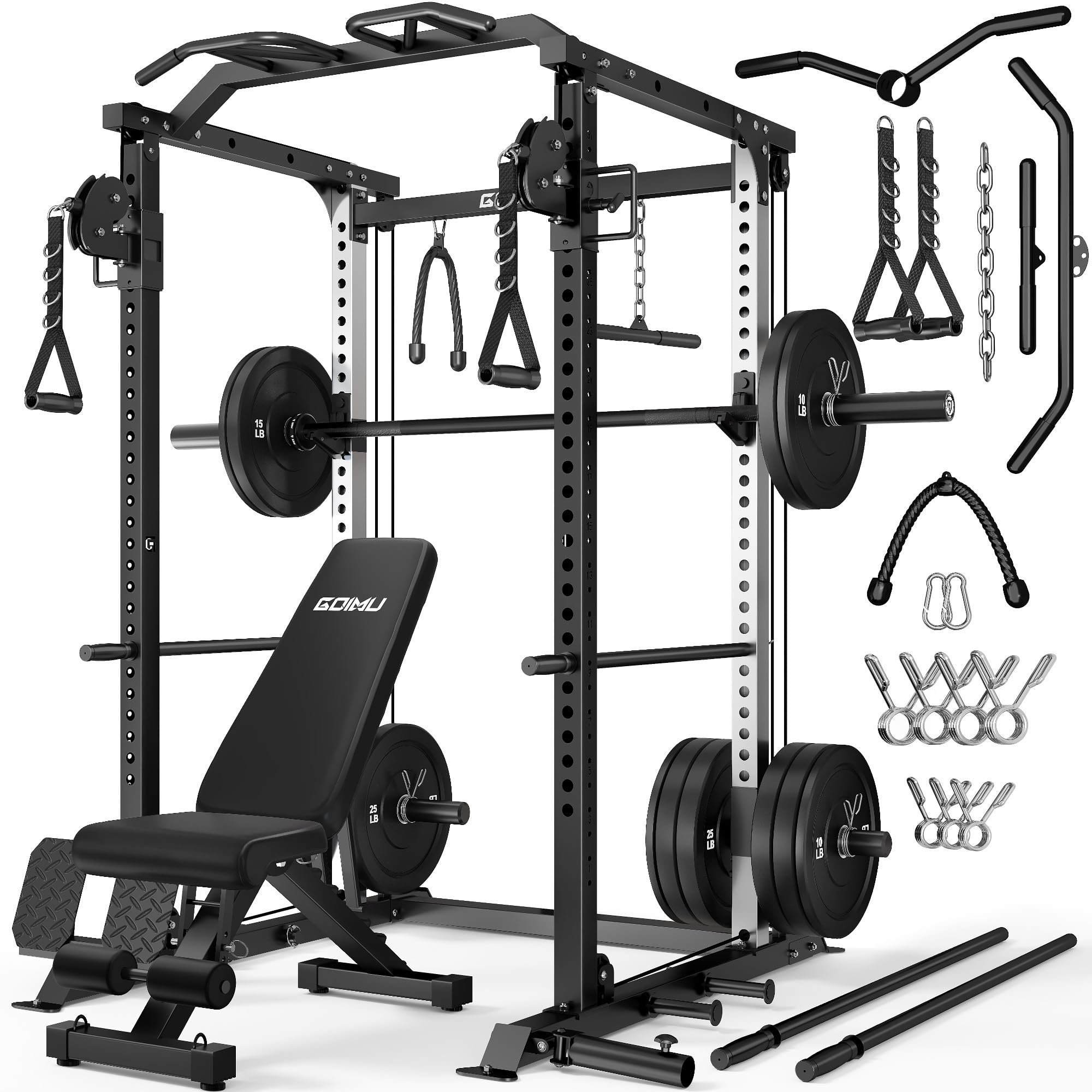DP01 Power Cage, 2000LBS Squat Rack with with Cable Crossover and Dual Independent Pulley System, Full Cage for Full Body Training, Power Rack with More Training Attachments for Home Gym