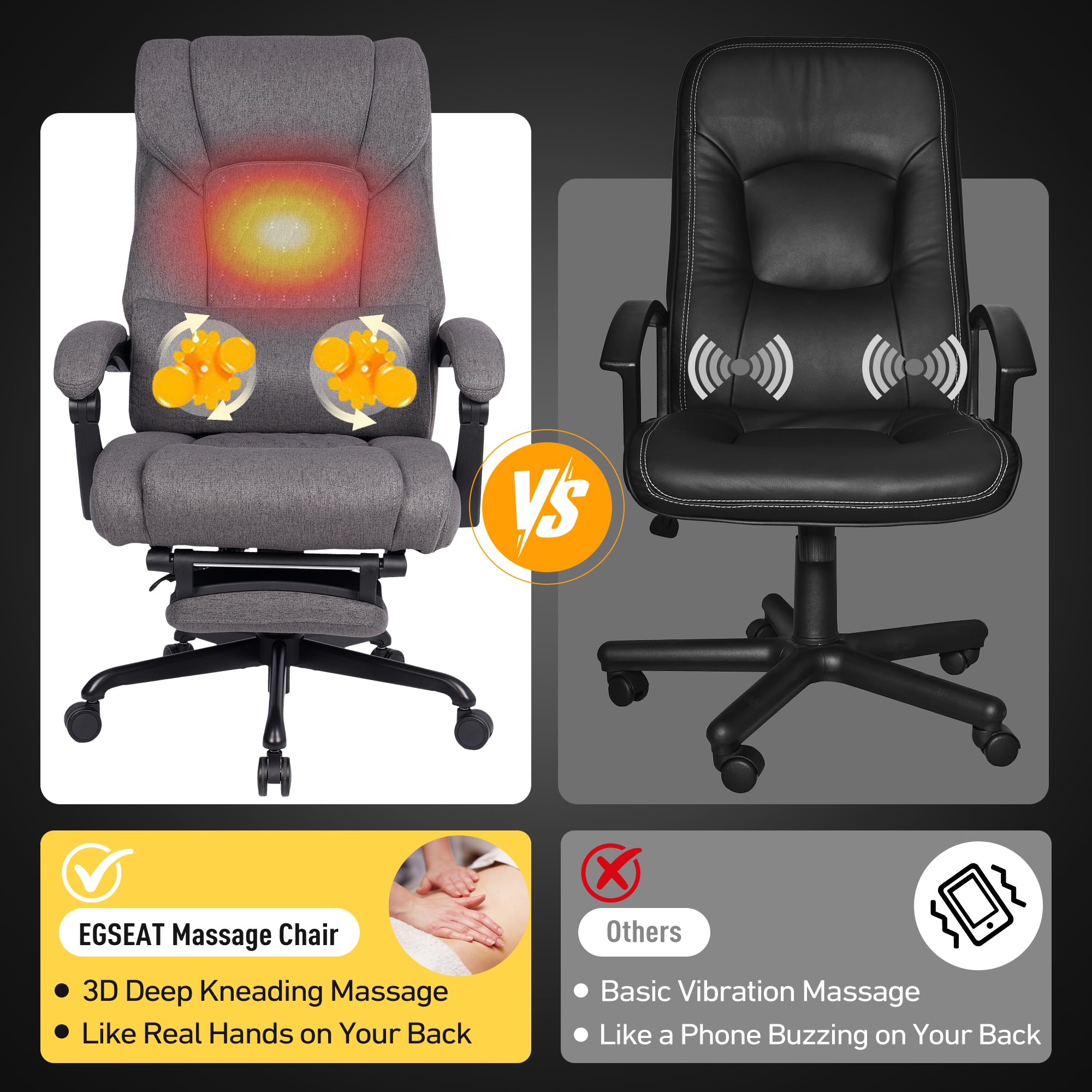 3D Kneading Massage Office Chair with Heat, 500 lbs Big and Tall Executive Computer Desk Recliner, Leather Electric Heated Chair with Footrest, Black