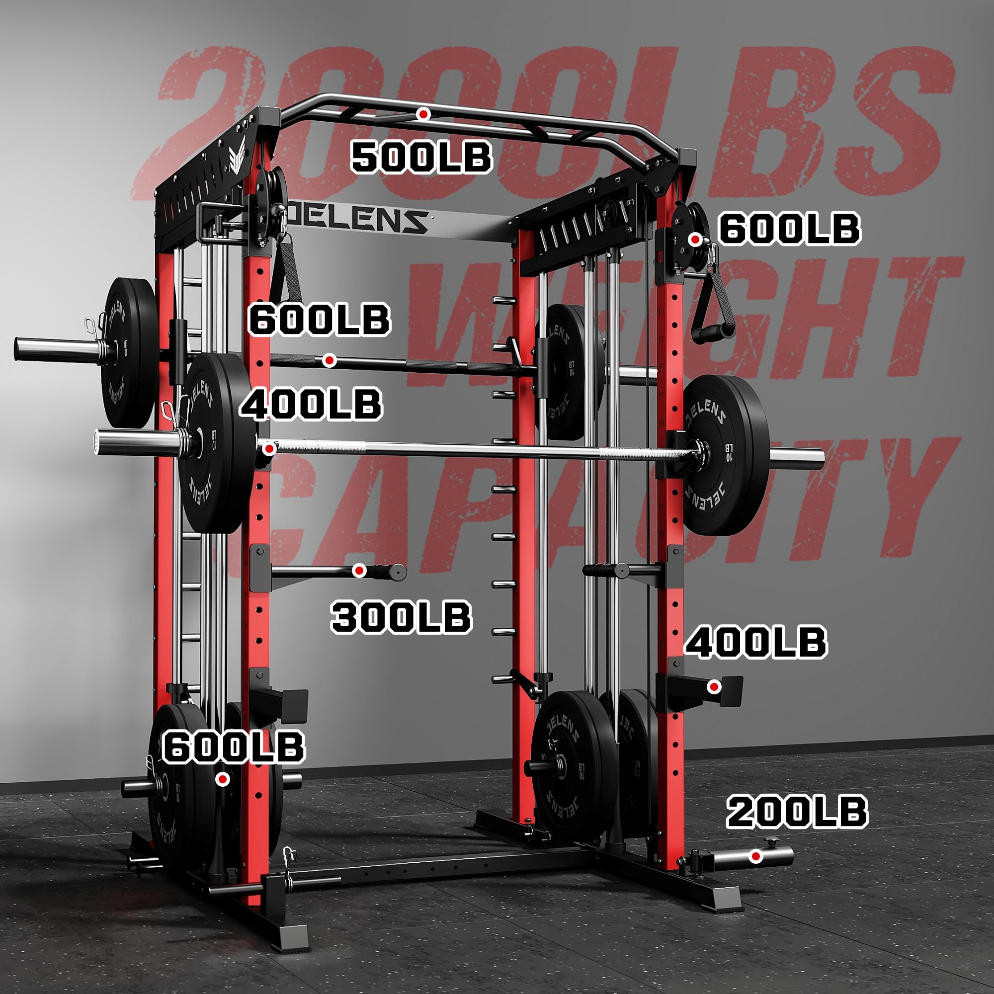 JELENS M21 Smith Machine, Multi-Function Power Cage with Dual Pulley Cable Crossover System, 2000LBS All-in-One Squat Rack with Smith Bar and Attachments for Home Gym