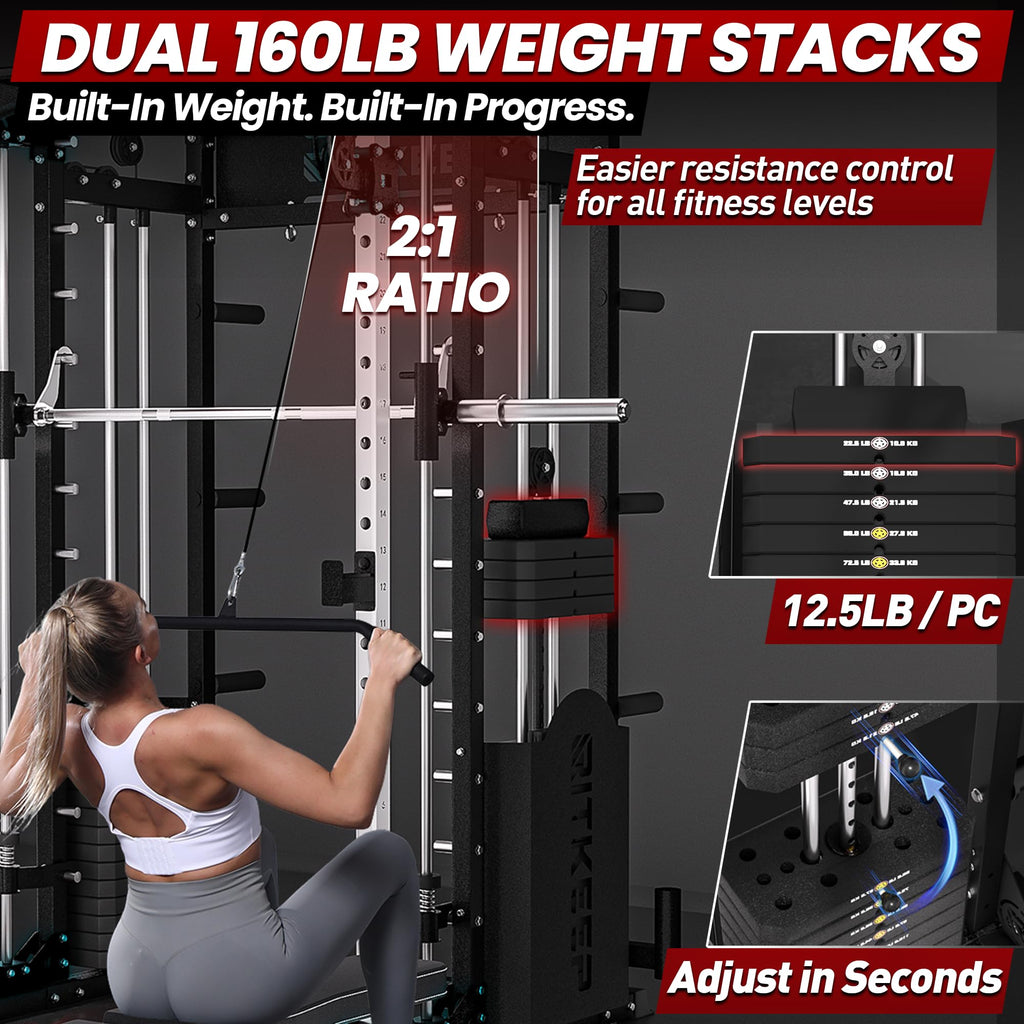 RitKeep PMAX-5600 Pro Heavy-Duty Smith Machine Squat Rack with 320 LB Weight Stacks, 6-in-1 Multi-Function Home Gym System, Dual Cable Crossover and 2000 LB Capacity for Full-Body Strength Training
