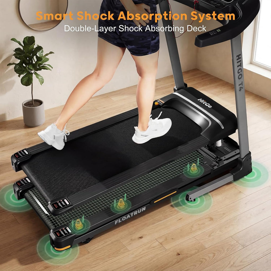 HitGo Treadmill with 15% Auto Incline,10 MPH High Speed Running Machine for Home Gym,Silent Brushless Motor,400lbs Weight Capacity,Air Cushion Shock Absorption,Bluetooth App Kinomap HitGo,Black