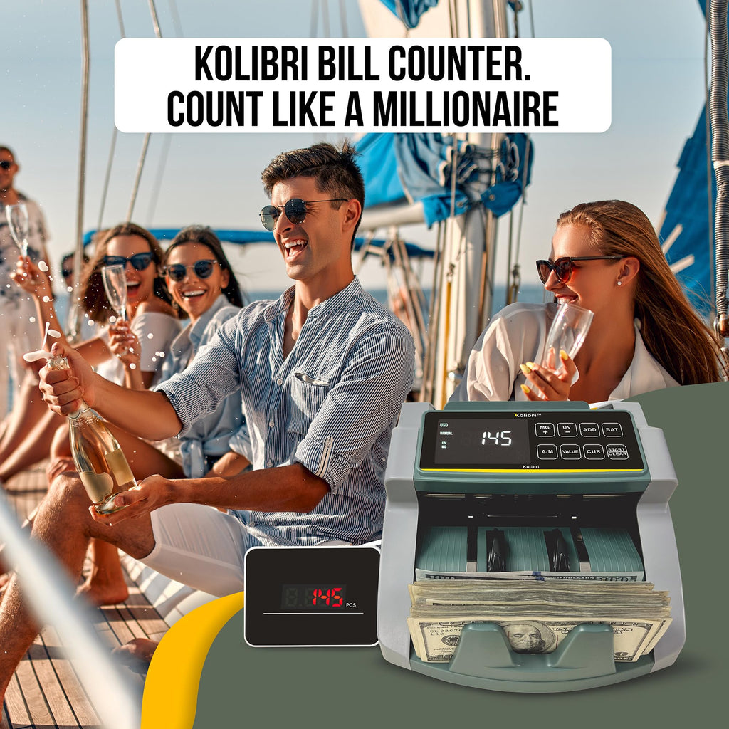 KOLIBRI Money Counter Machine I LCD Display I Business Grade I Dollar, Euro I Advanced UV/MG/IR/DD/HLF Detection I Single Denomination Value Count I 1,500 Notes/Min I 1-Year Warranty I KOLIBRI UV/MG