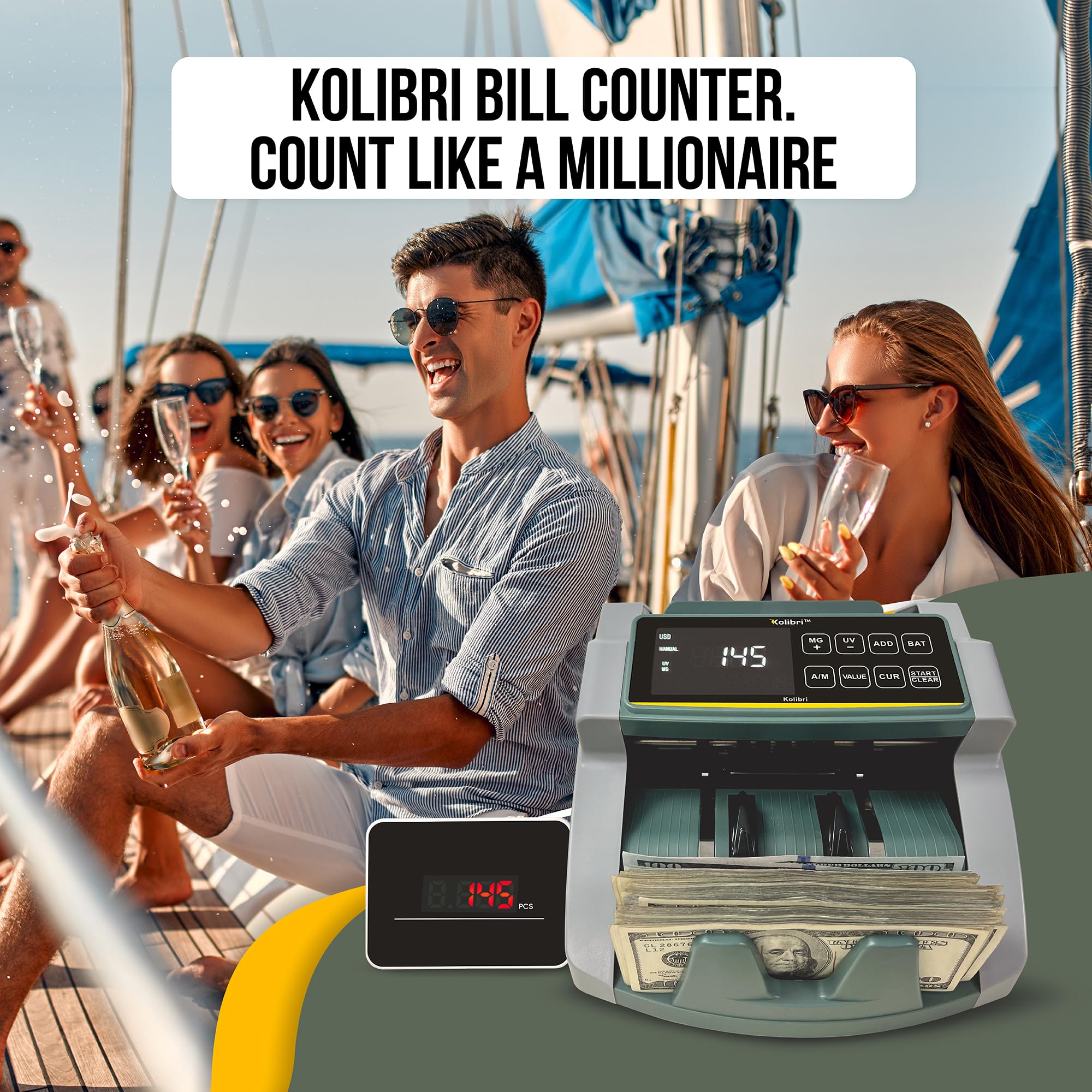 KOLIBRI Money Counter Machine I LCD Display I Business Grade I Dollar, Euro I Advanced UV/MG/IR/DD/HLF Detection I Single Denomination Value Count I 1,500 Notes/Min I 1-Year Warranty I KOLIBRI UV/MG