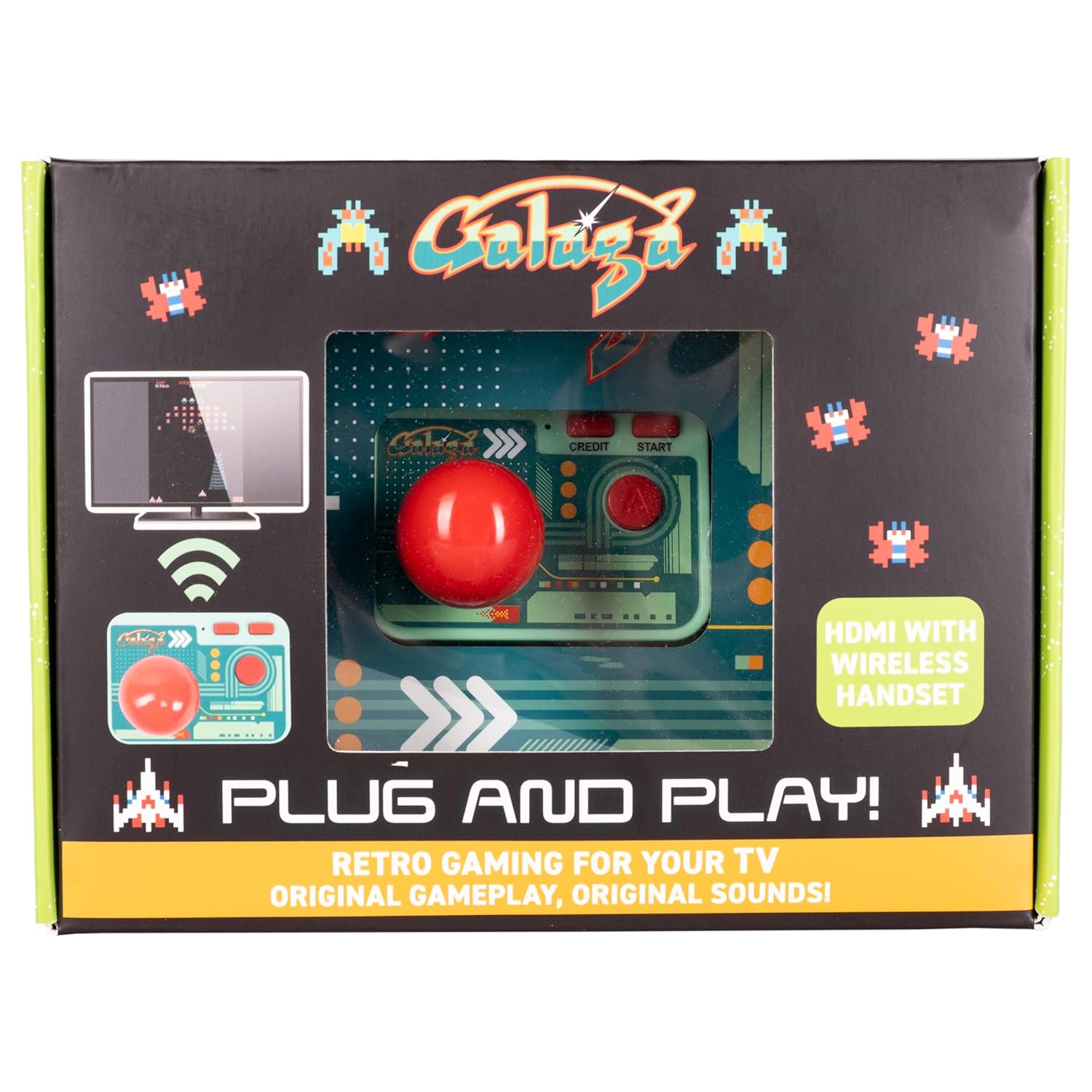 Galaga Plug & Play HDMI Arcade Console with TV Stick & Wireless Joystick – Classic Galaga Game On Your TV, Nostalgic Retro Gaming, Easy Setup, Ideal Gift for Gamers & Collectors.