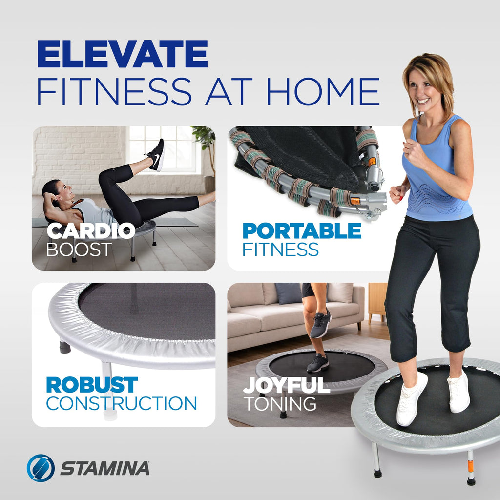 Stamina Folding Trampoline with Smart Workout App, Black - Portable Fitness Rebounder for Home Gym, Cardio & Strength Training, Jumping Exercise Equipment