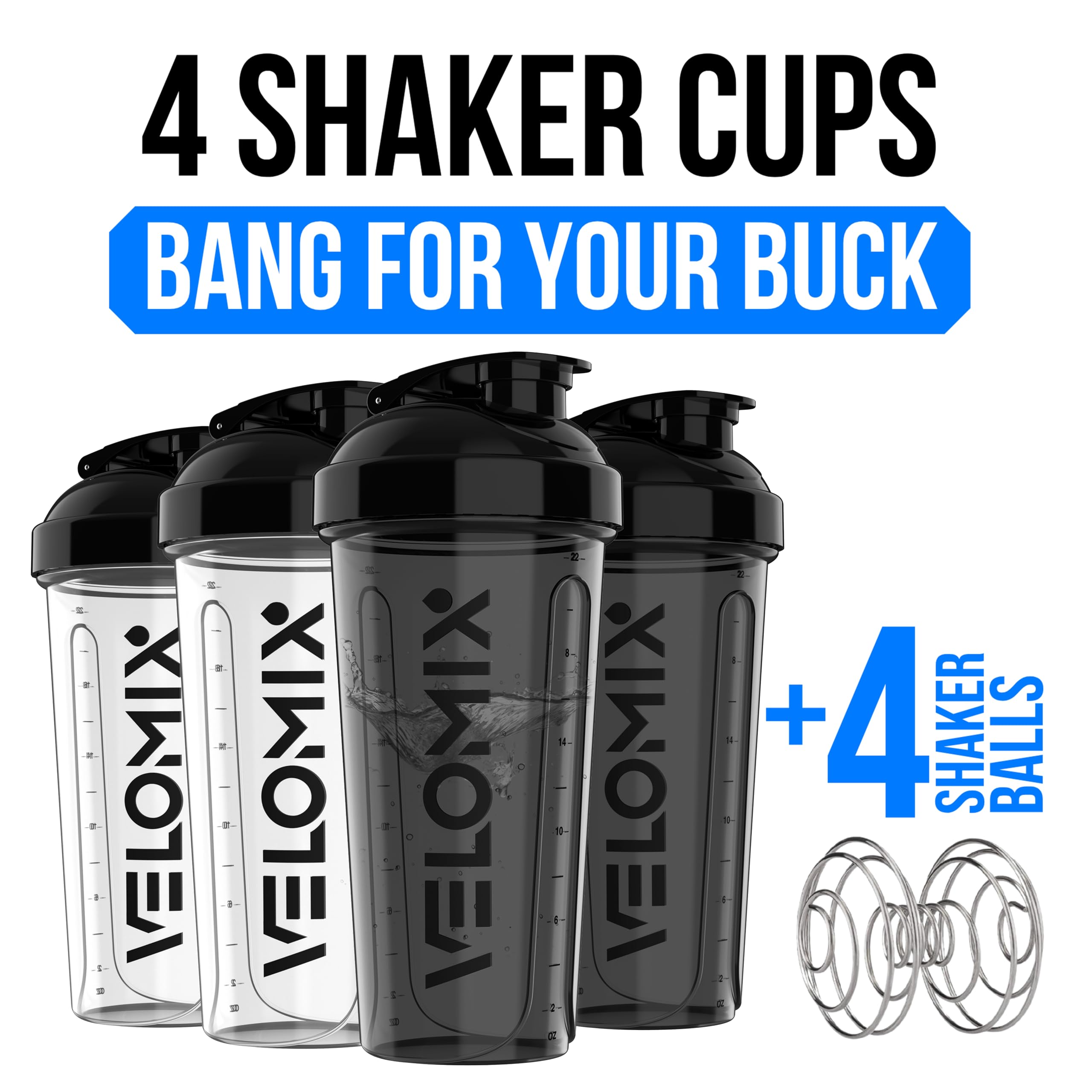 VELOMIX -4 PACK- 28 oz Protein Shaker Bottle for Protein Mixes - 4x Wire Whisk | Leak Proof Shaker Cups for Protein Shakes | Protein Shaker Bottle Pack | Protein Shake Cup (NeoCool Pack)