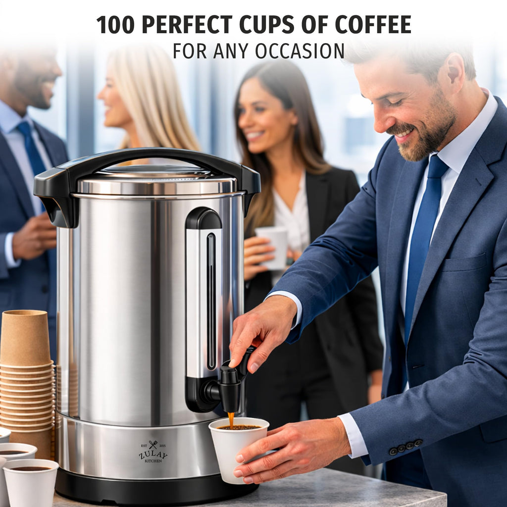 Zulay Kitchen 50 Cups Commercial Grade Coffee Maker Hot Water Urn - Percolator With Double-Wall Stainless Steel, Quick Brew, Stays Hot for Tea & Beverage at Events & Catering - Silver
